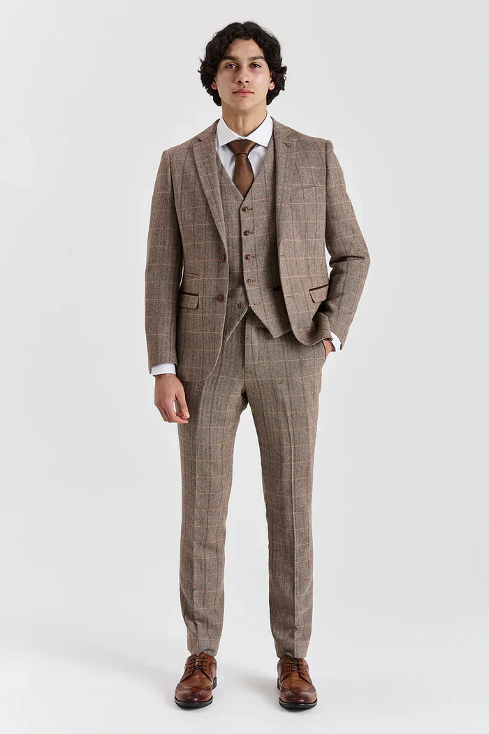 Father & Son Matching 3-Piece Herringbone Windowpane Check Suit - Harris -Brown - Image 3