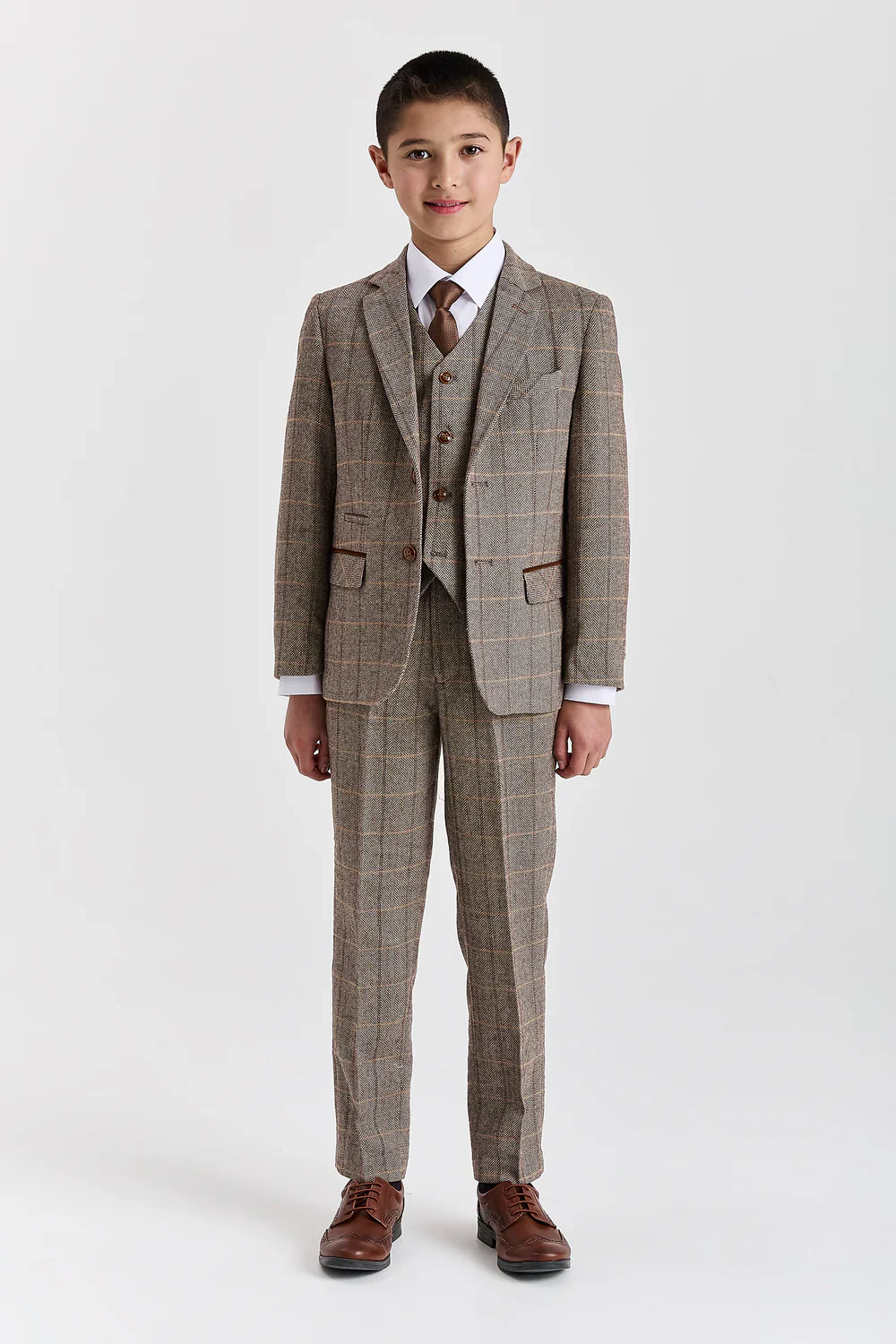 Father & Son Matching 3-Piece Herringbone Windowpane Check Suit - Harris -Brown - Image 6