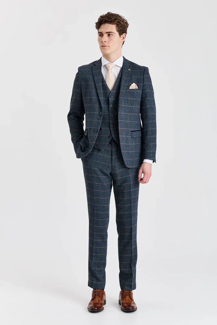 Father & Son Matching 3-Piece Herringbone Windowpane Check Suit - Harris - Navy - Image 3
