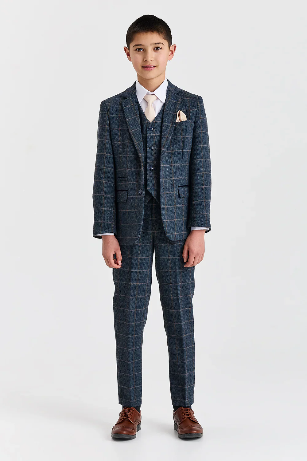 Father & Son Matching 3-Piece Herringbone Windowpane Check Suit - Harris - Navy - Image 6