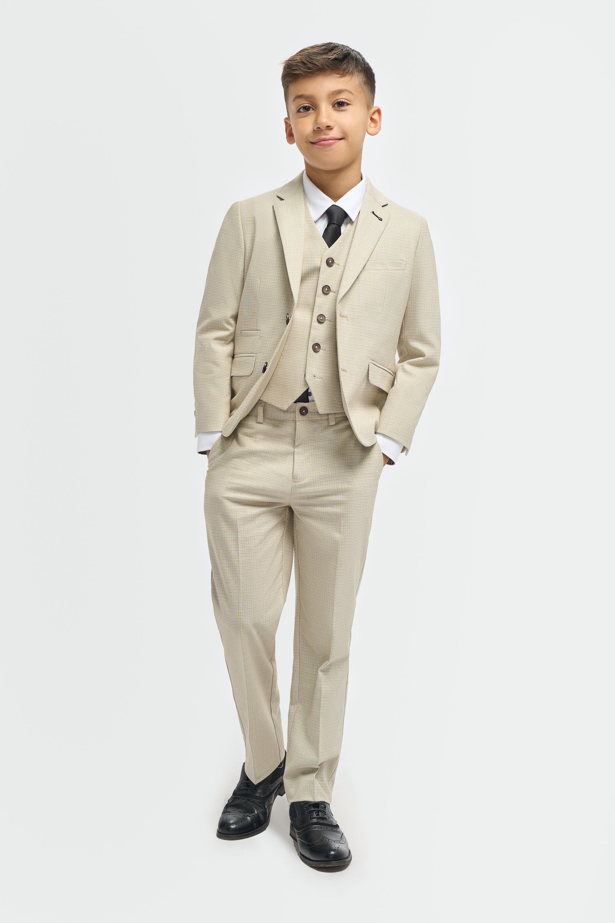 Father & Son Matching Cotton Microcheck 3-Piece Suit Set - Hampton Beige - Image 9