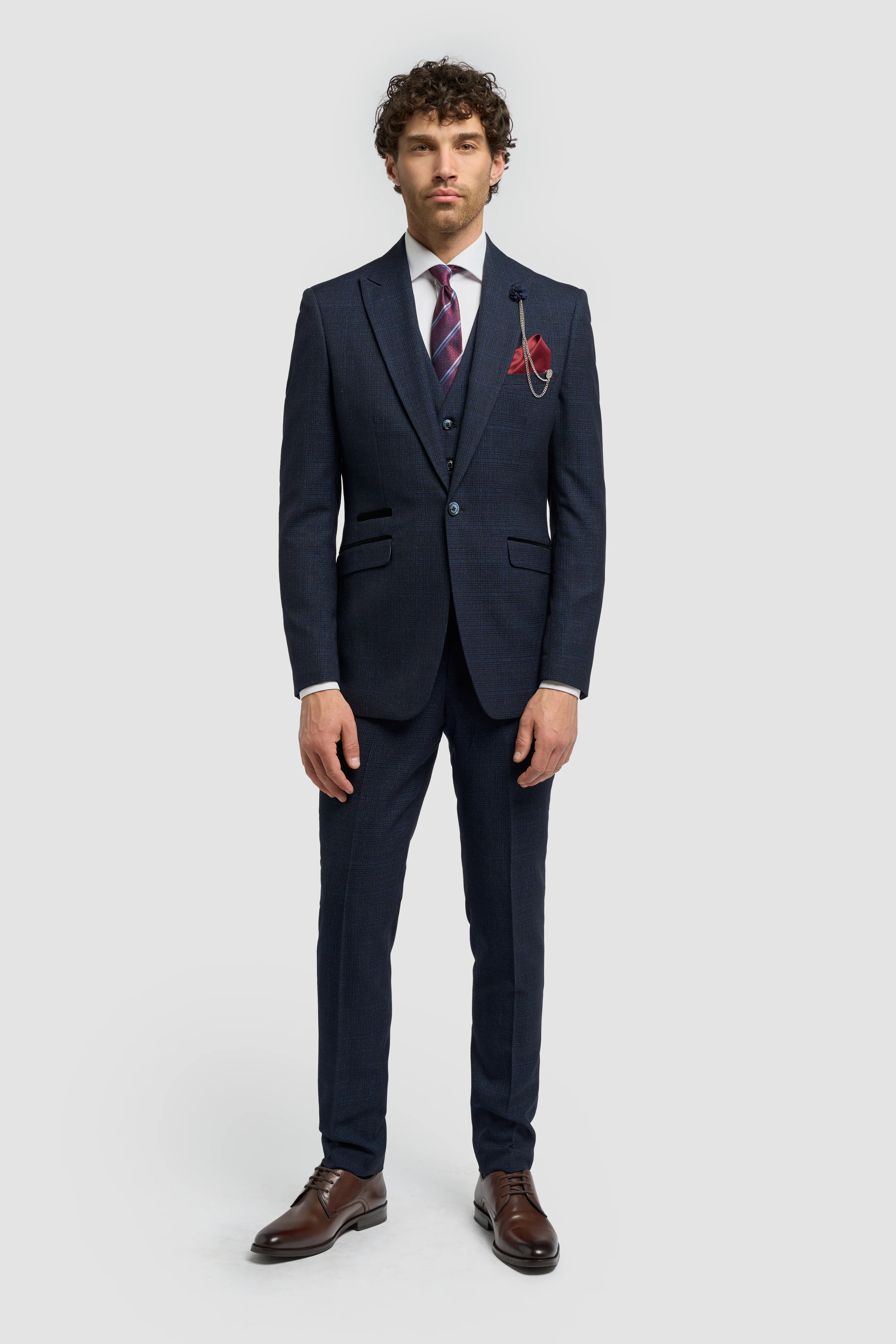 Father & Son Matching Glen Check Wool Tweed 3-Piece Suit Set - Caridi Navy - Image 3