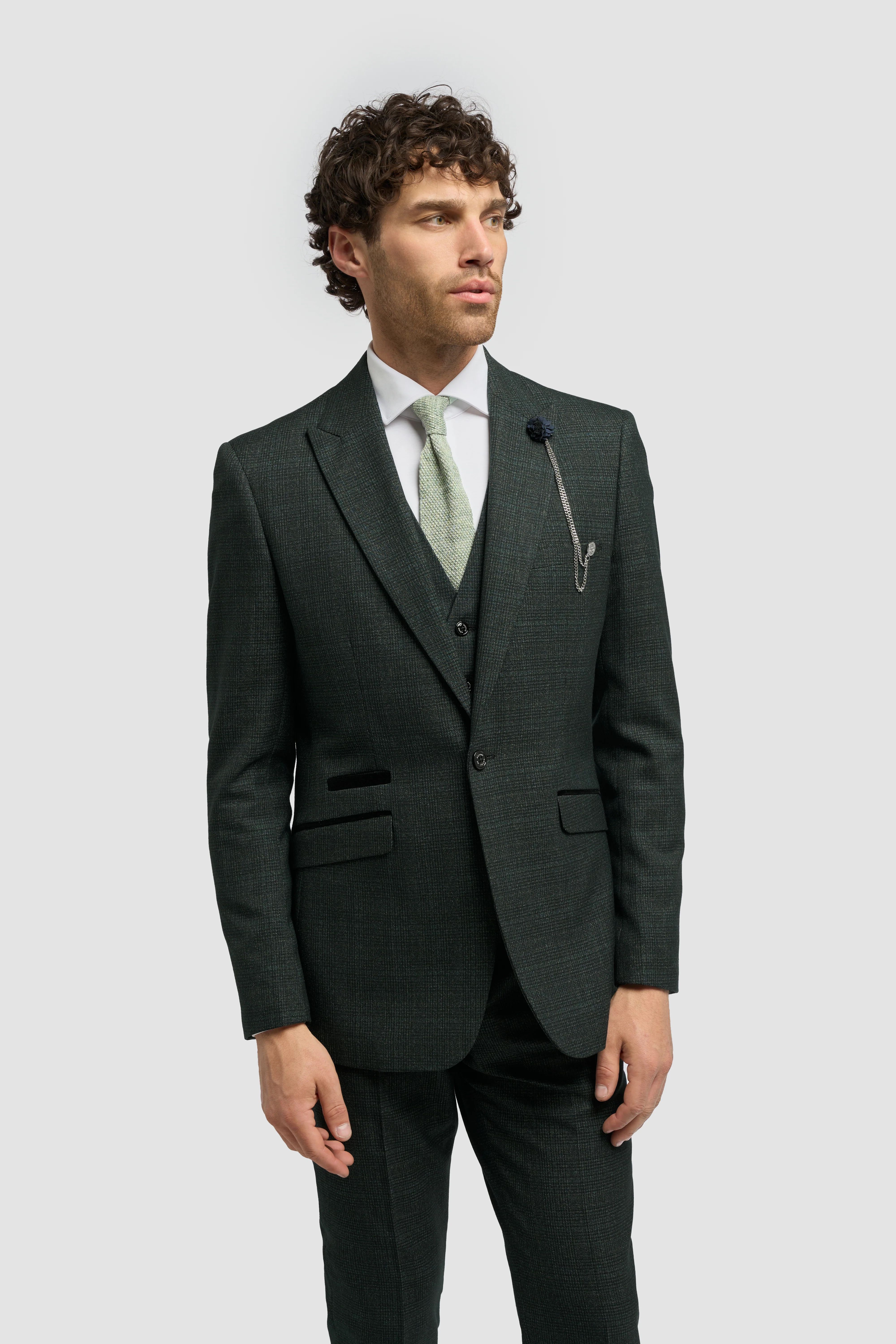 Father & Son Matching Glen Check Wool Tweed 3-Piece Suit Set - Caridi Olive Green - Image 2