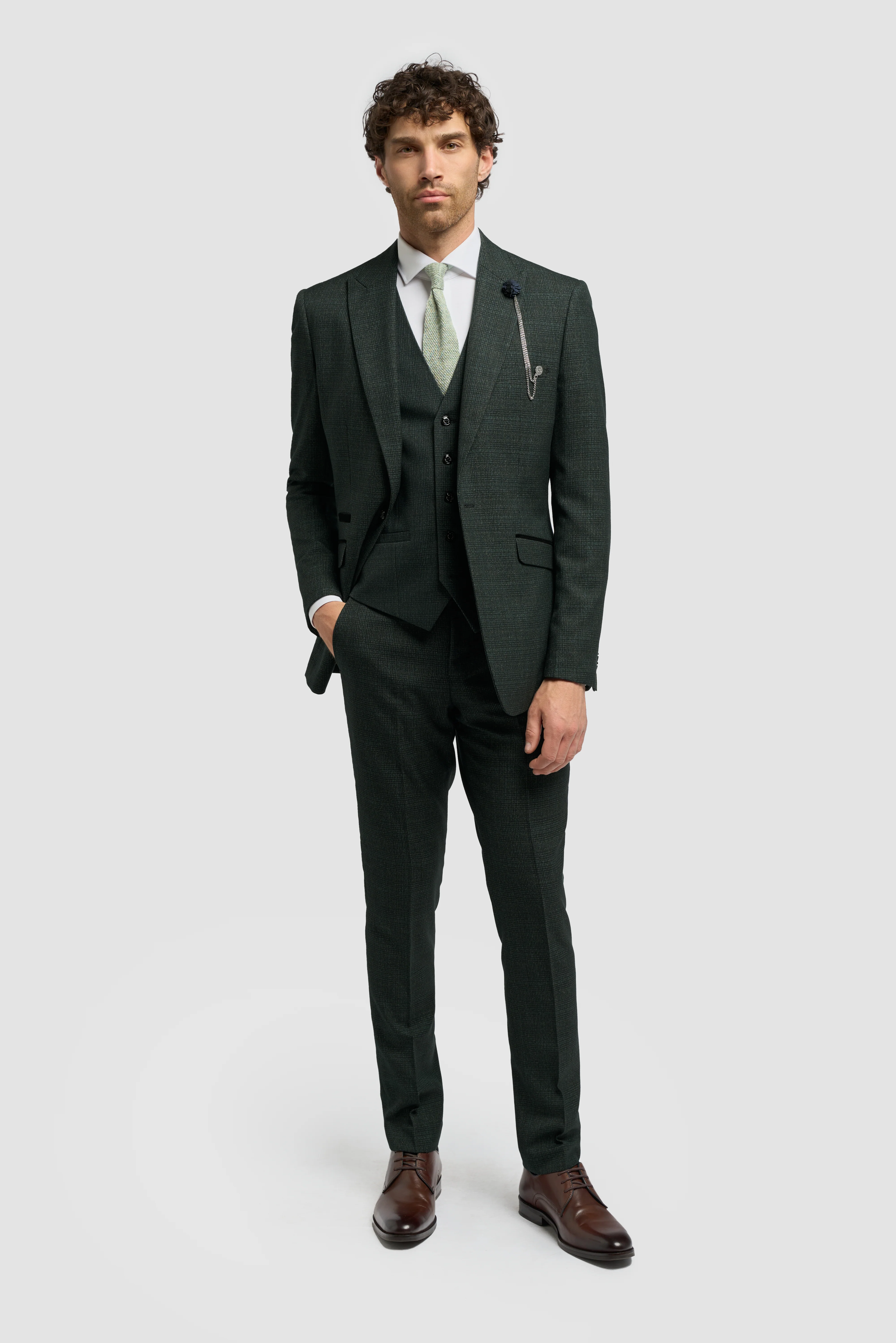 Father & Son Matching Glen Check Wool Tweed 3-Piece Suit Set - Caridi Olive Green - Image 3