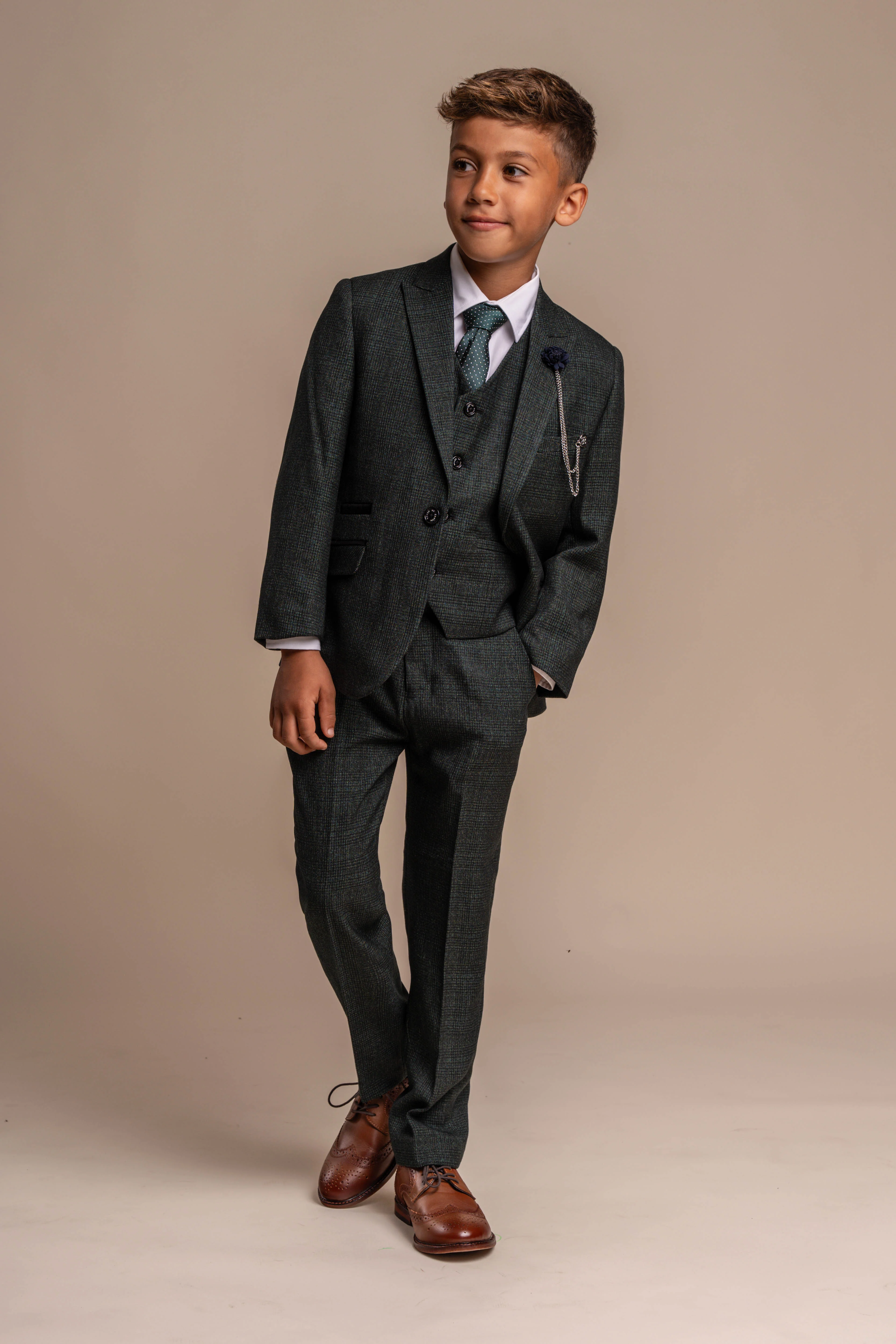 Father & Son Matching Glen Check Wool Tweed 3-Piece Suit Set - Caridi Olive Green - Image 9