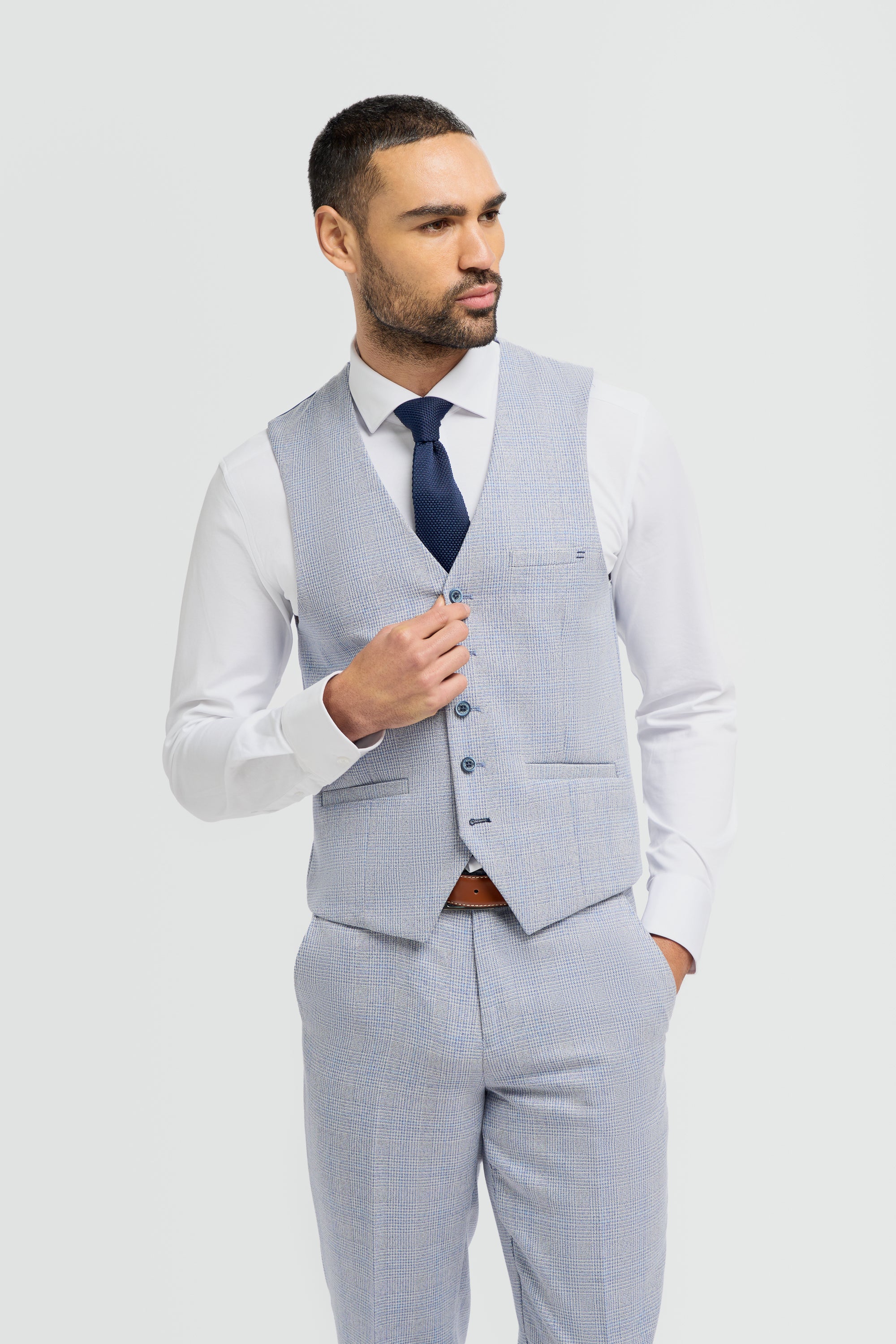 Father & Son Matching Glen Check Wool Tweed 3-Piece Suit Set - Caridi - Sky Blue - Image 6