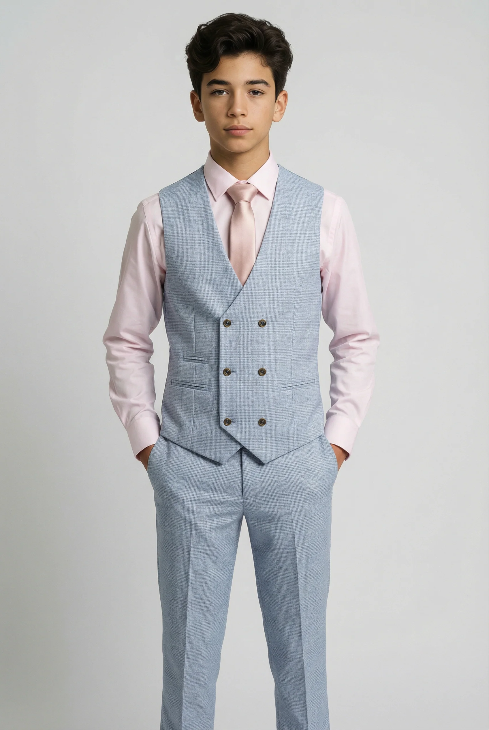 Father & Son Matching Glen Check Wool Tweed 3-Piece Suit Set - Luis Light Blue - Image 12