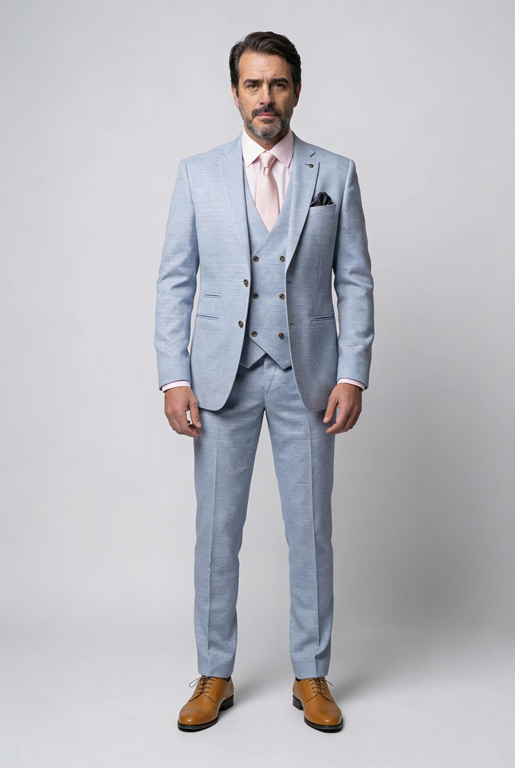 Father & Son Matching Glen Check Wool Tweed 3-Piece Suit Set - Luis Light Blue - Image 2