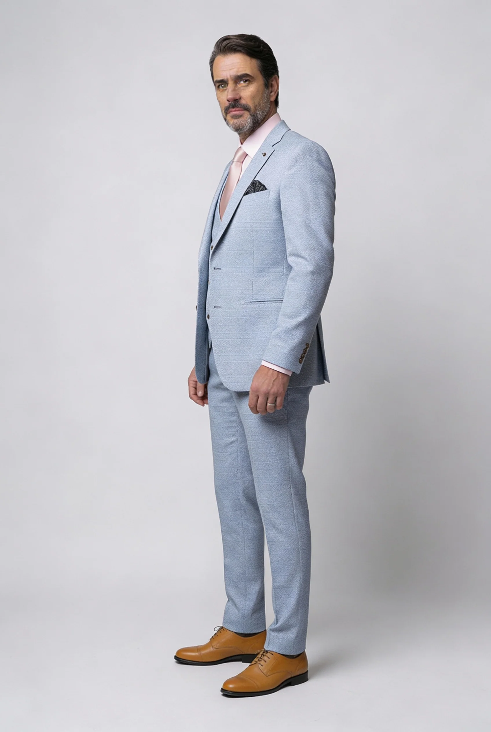 Father & Son Matching Glen Check Wool Tweed 3-Piece Suit Set - Luis Light Blue - Image 3