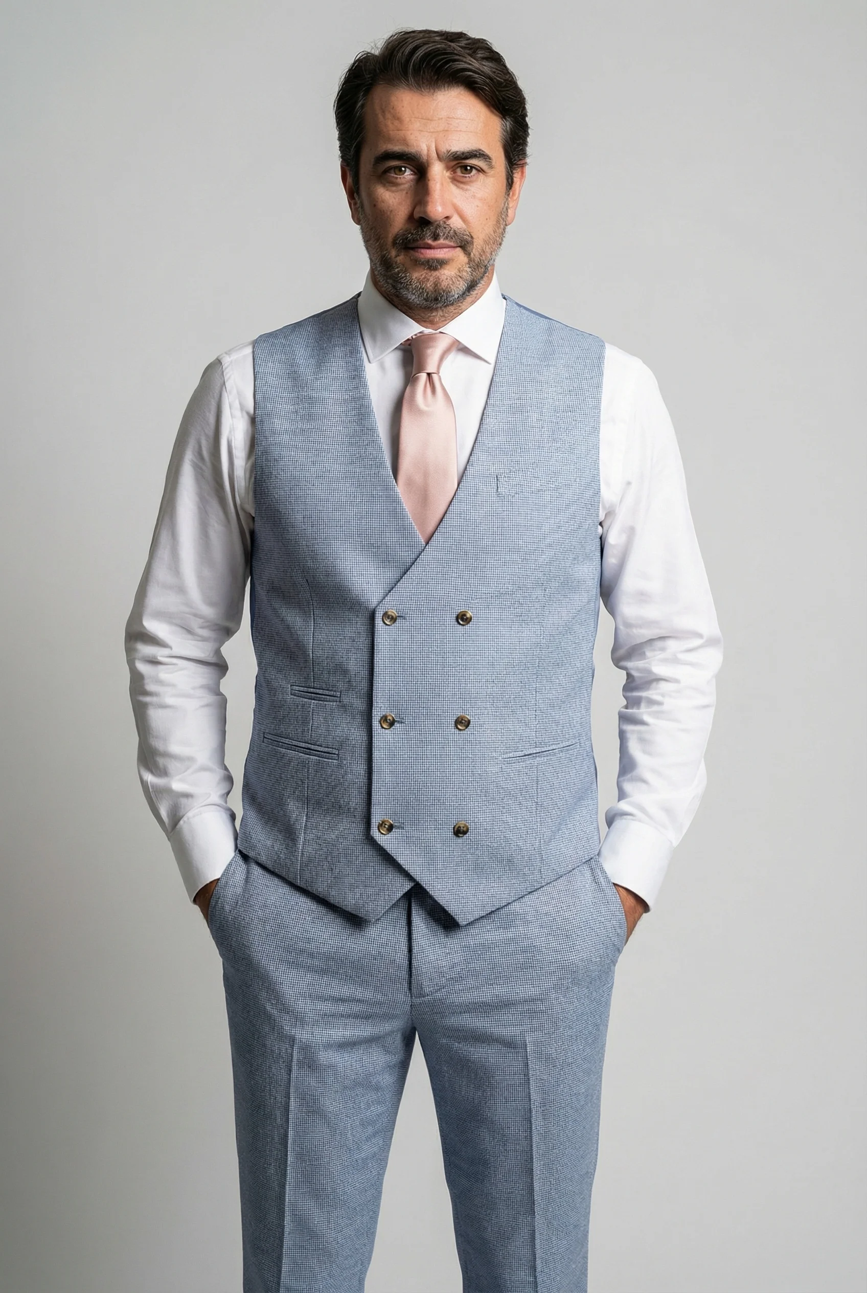 Father & Son Matching Glen Check Wool Tweed 3-Piece Suit Set - Luis Light Blue - Image 7