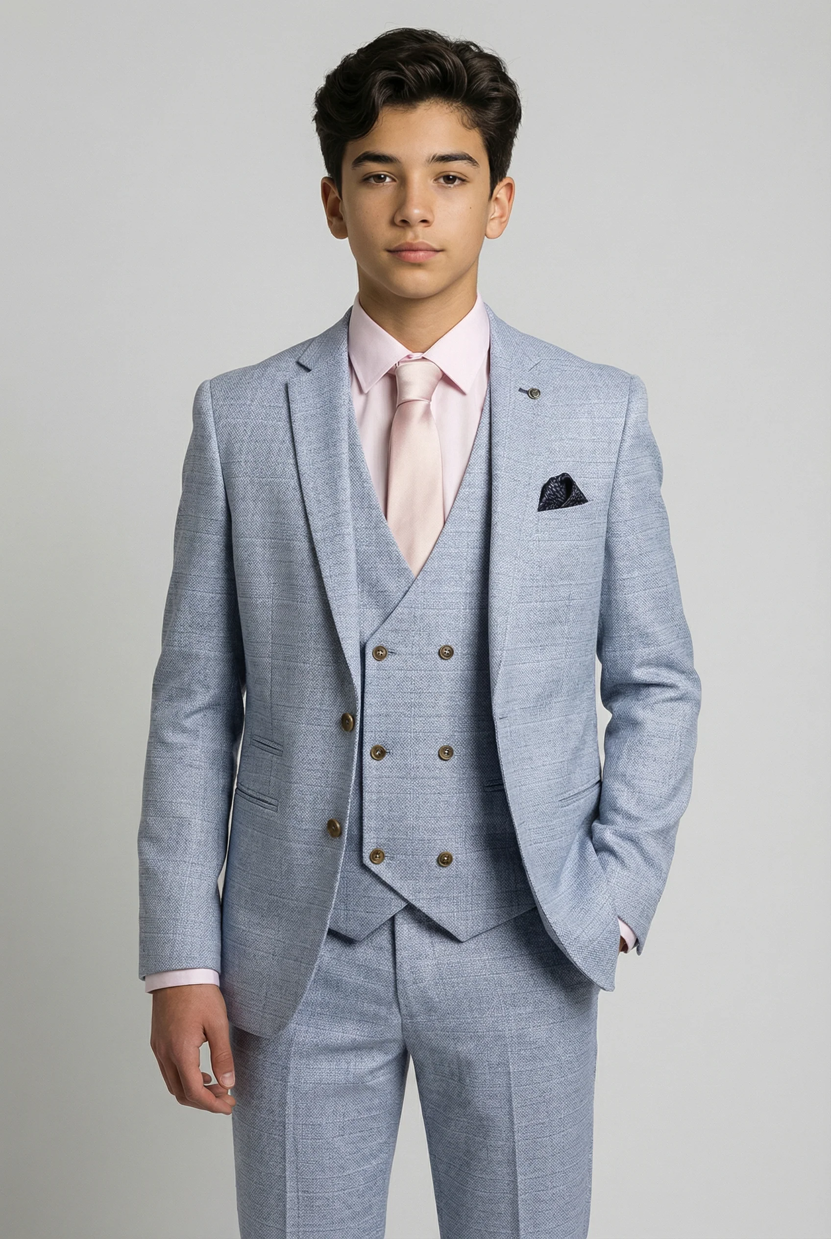 Father & Son Matching Glen Check Wool Tweed 3-Piece Suit Set - Luis Light Blue - Image 8