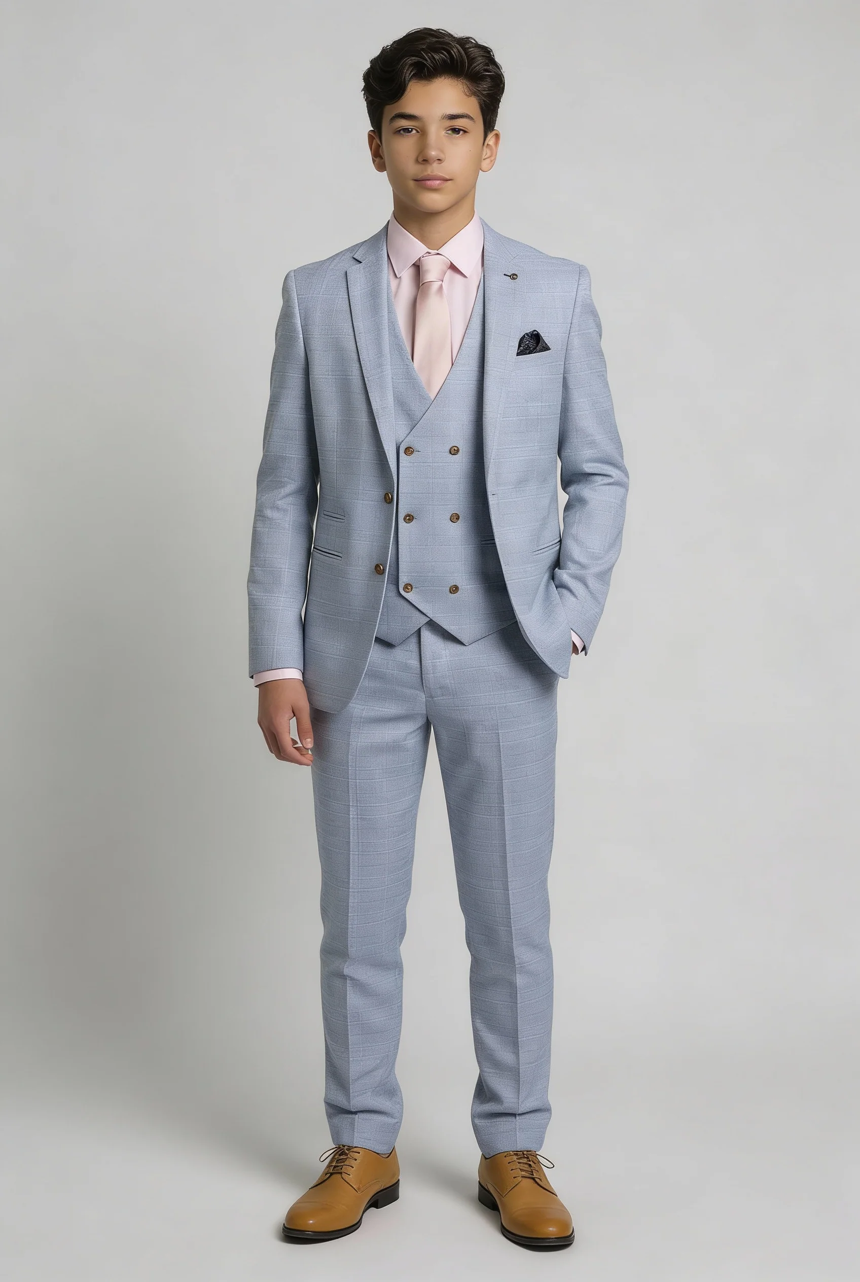Father & Son Matching Glen Check Wool Tweed 3-Piece Suit Set - Luis Light Blue - Image 9