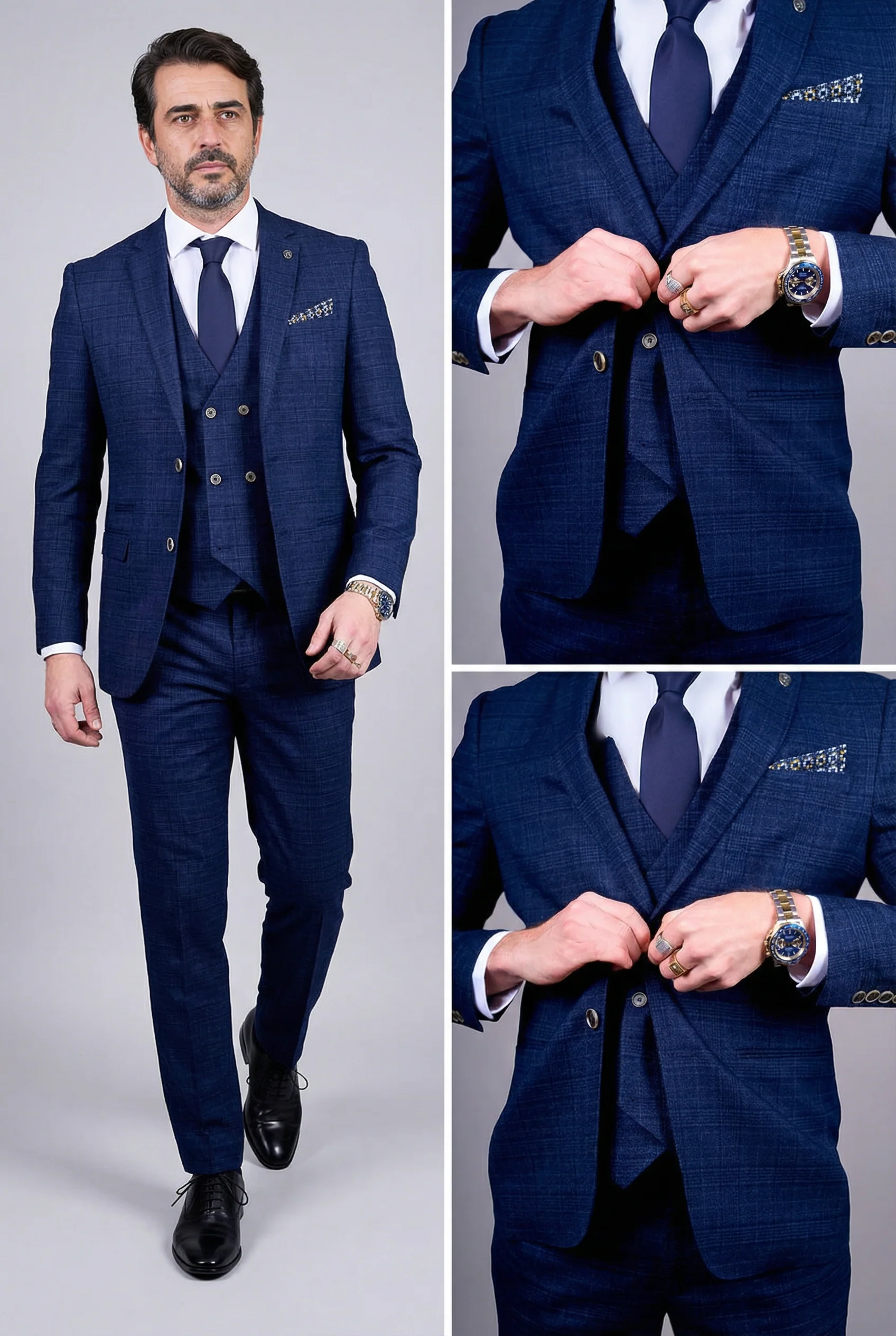 Father & Son Matching Glen Check Wool Tweed 3-Piece Suit Set - Luis Navy - Image 8