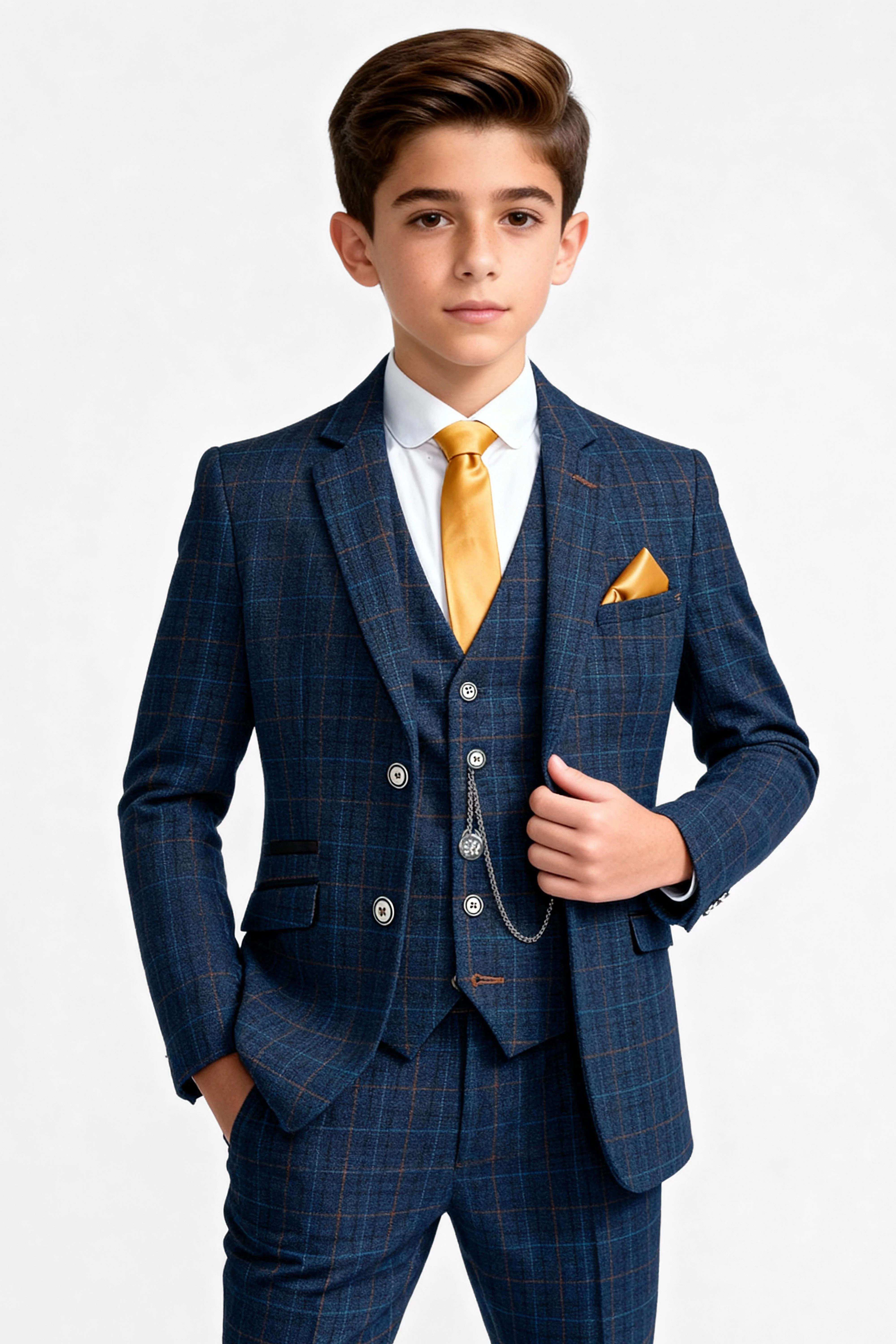 Father & Son Matching Herringbone Windowpane Check 3-Piece Suit Set - Cody Blue - Image 5