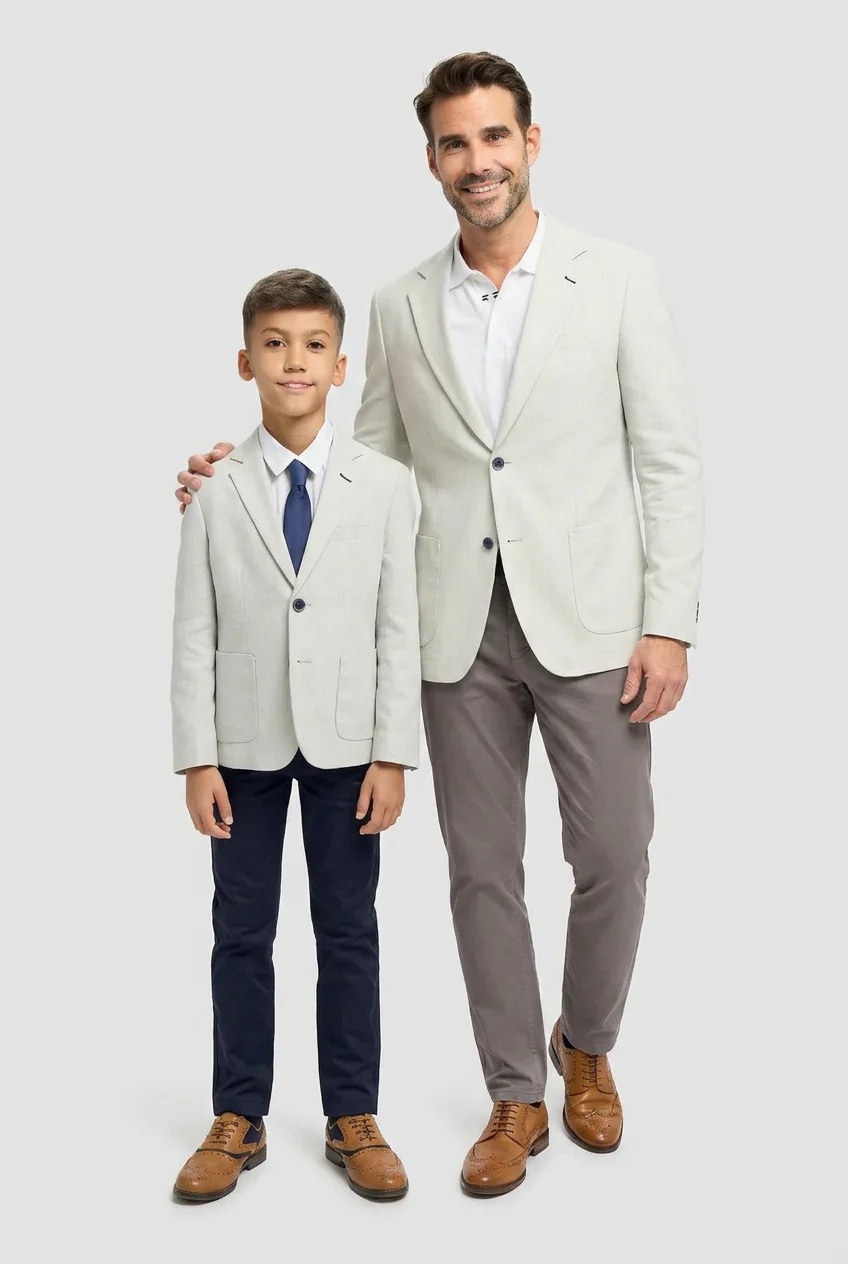 Father & Son Matching Linen Herringbone Blazer – Slate Grey
