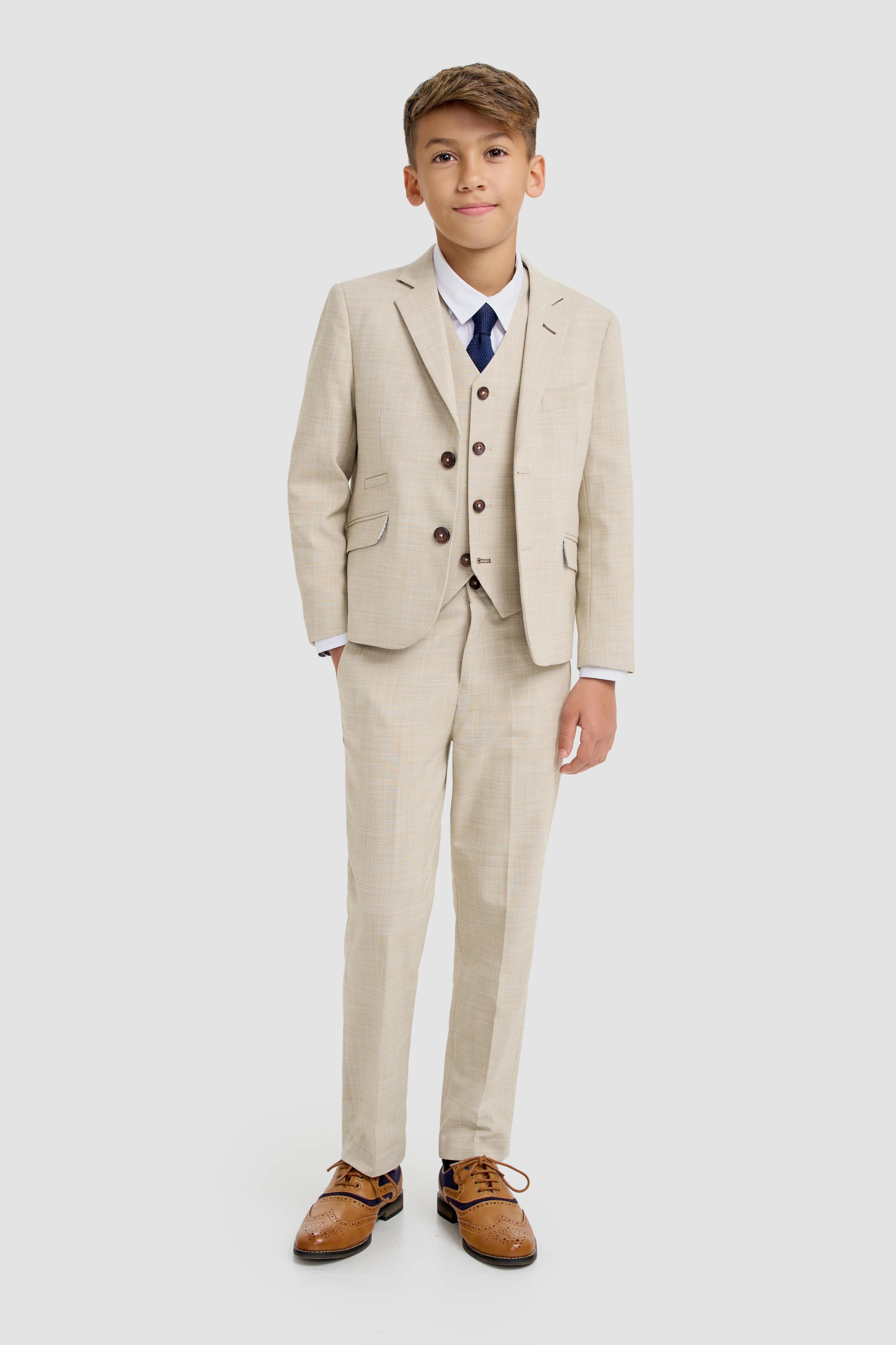 Father & Son Matching Textured 3-Piece Suit Set - Camden Beige - Image 6