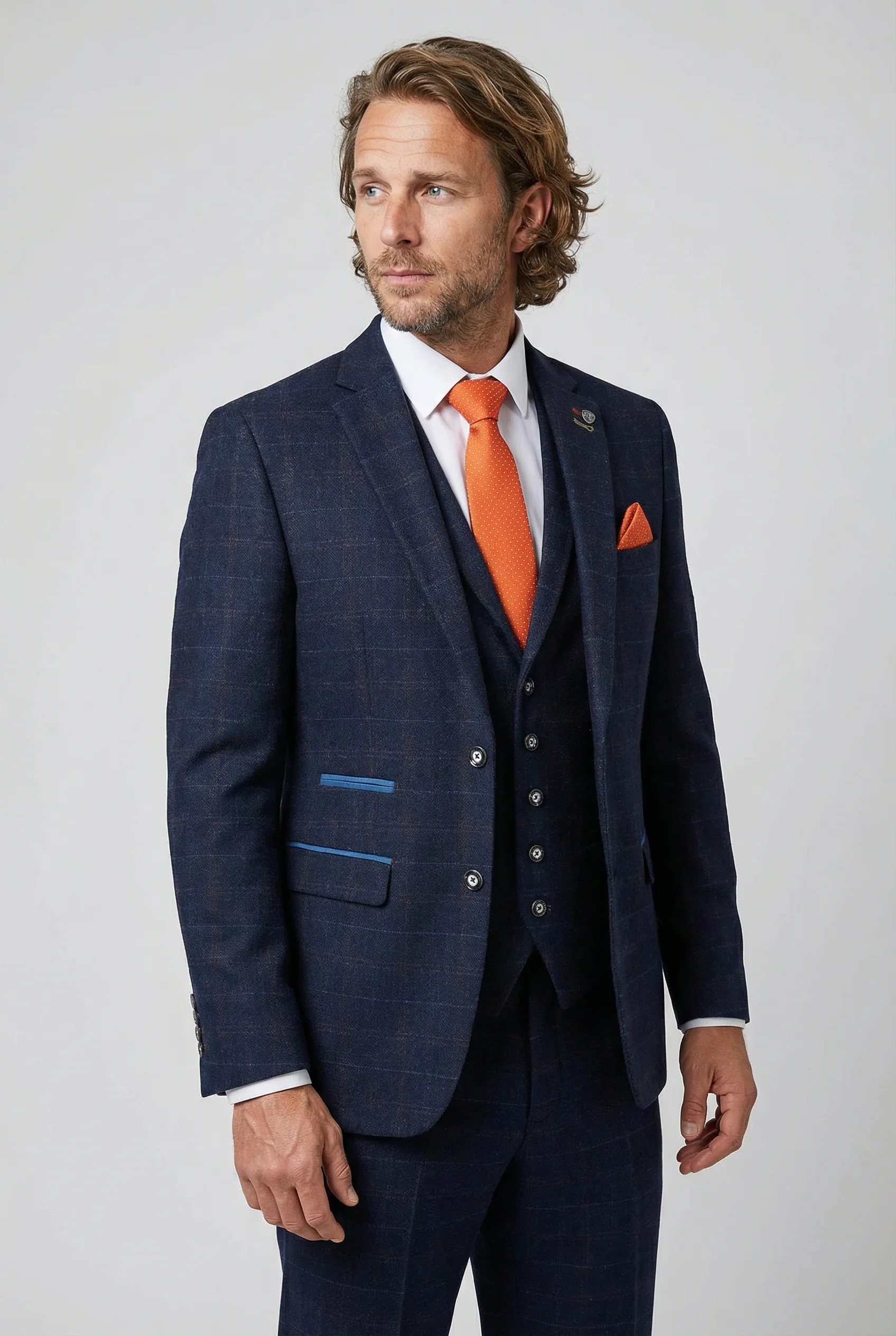 Father & Son Matching Windowpane Check Wool Tweed 3-Piece Suit Set - Ryan Navy - Image 4