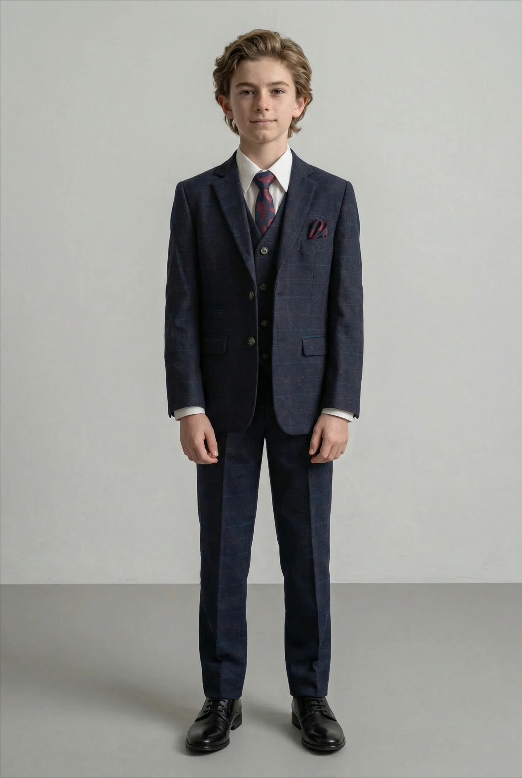 Father & Son Matching Windowpane Check Wool Tweed 3-Piece Suit Set - Ryan Navy - Image 7