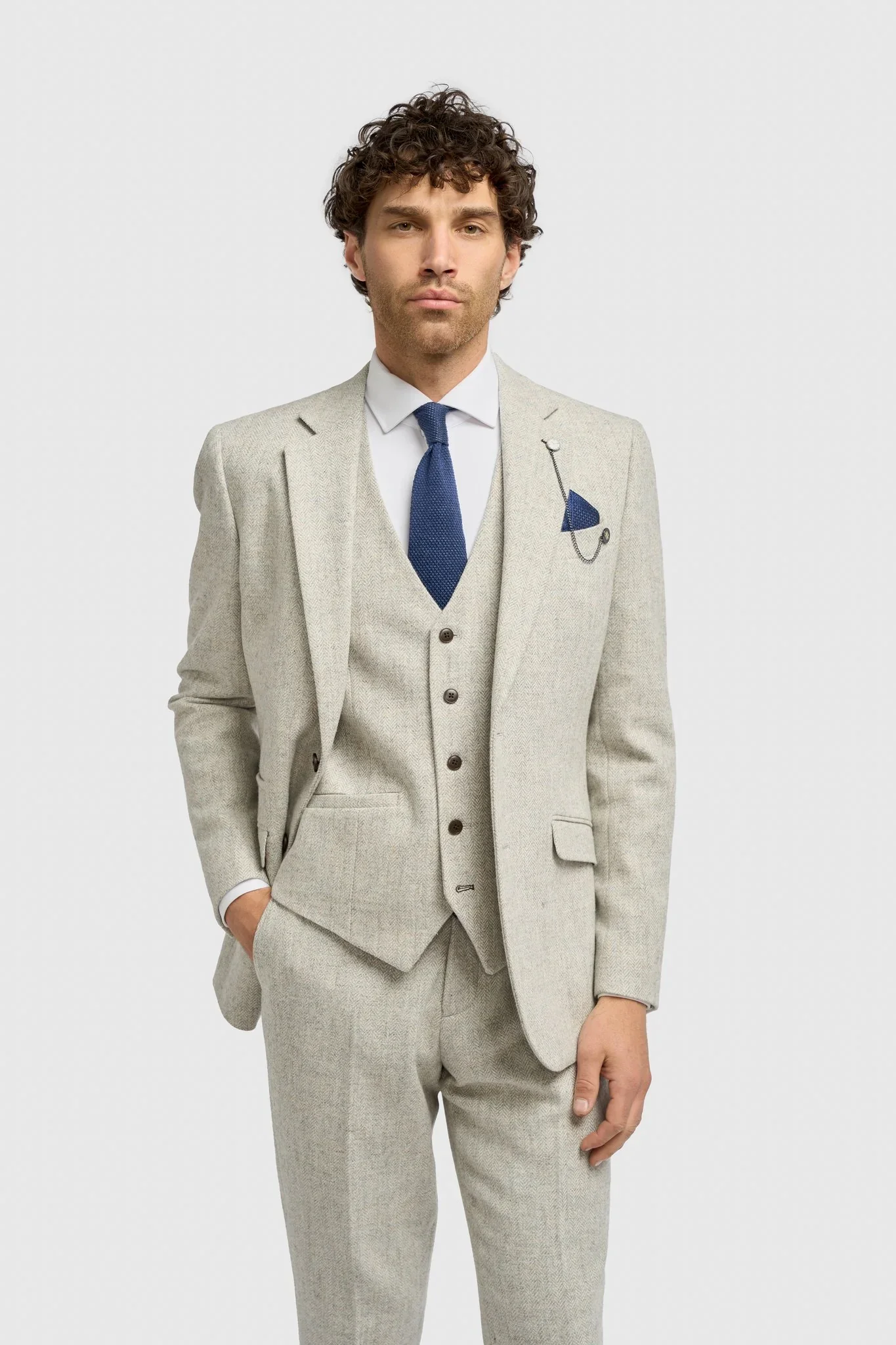 Father & Son Matching Wool Herringbone 3-Piece Suit Set - Thomas - Pearl Grey - Image 2