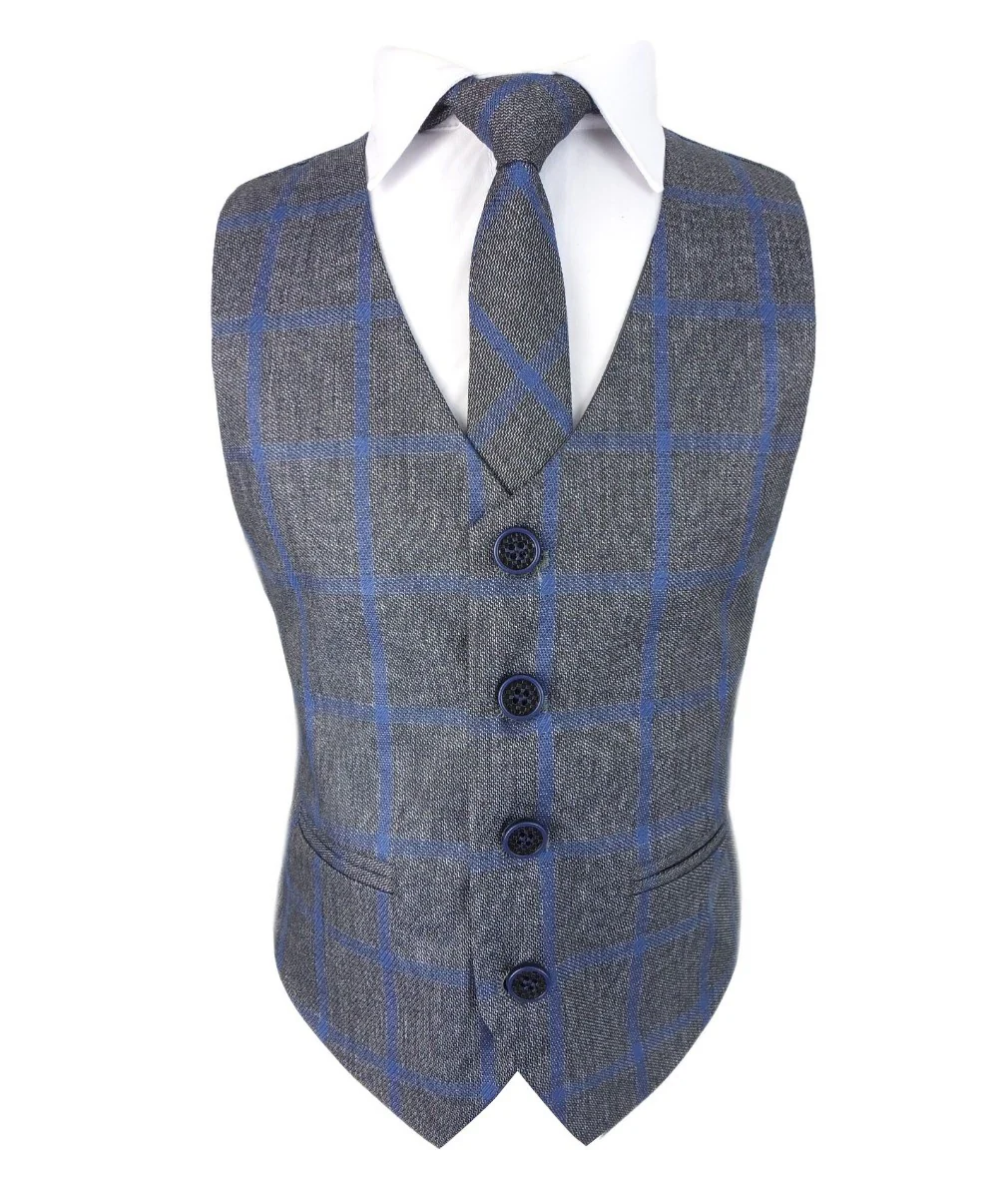 Boys Plaid Check Waistcoat Set - Grey - Blue - Image 4