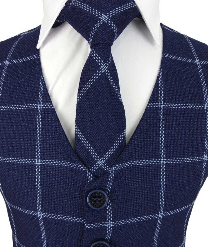 Boys Plaid Check Waistcoat Set - Navy Blue - Image 5