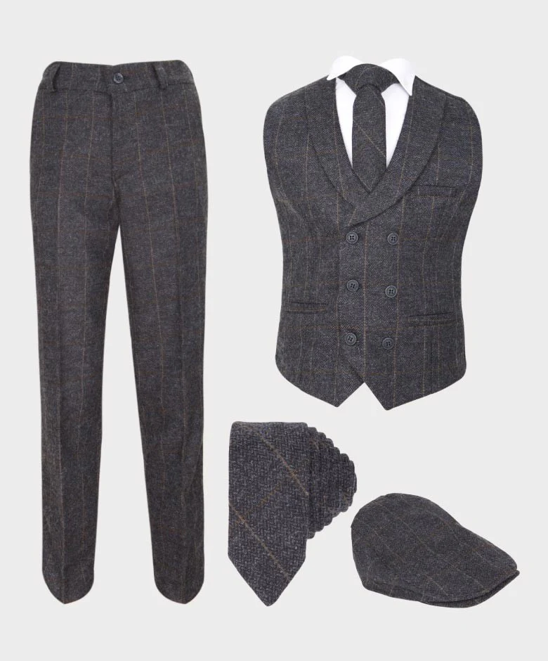 Boys Cotton Windowpane Check Double Breasted Waistcoat Suit Set - Dark Grey - Image 3