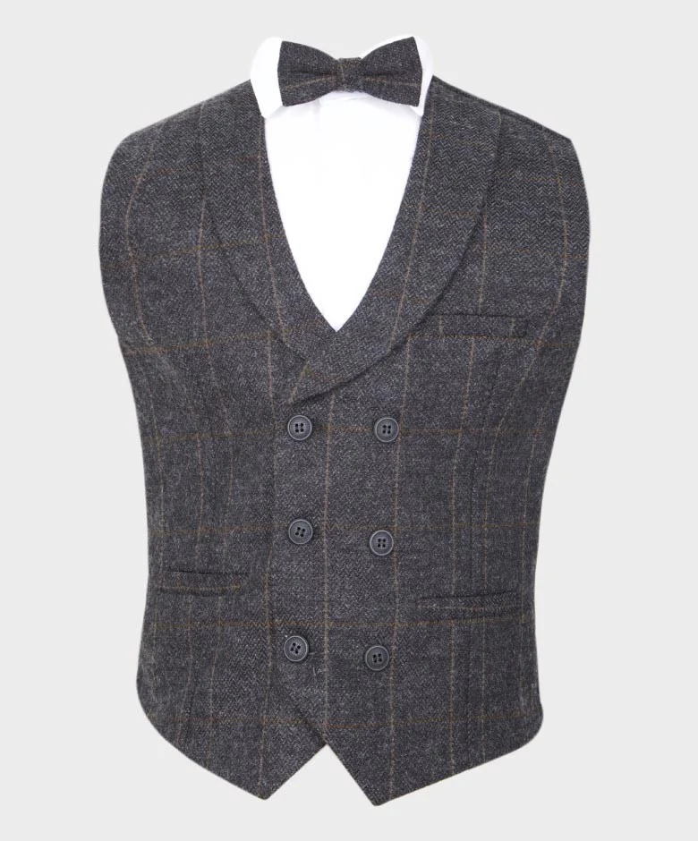 Boys Cotton Windowpane Check Double Breasted Waistcoat Suit Set - Dark Grey - Image 4