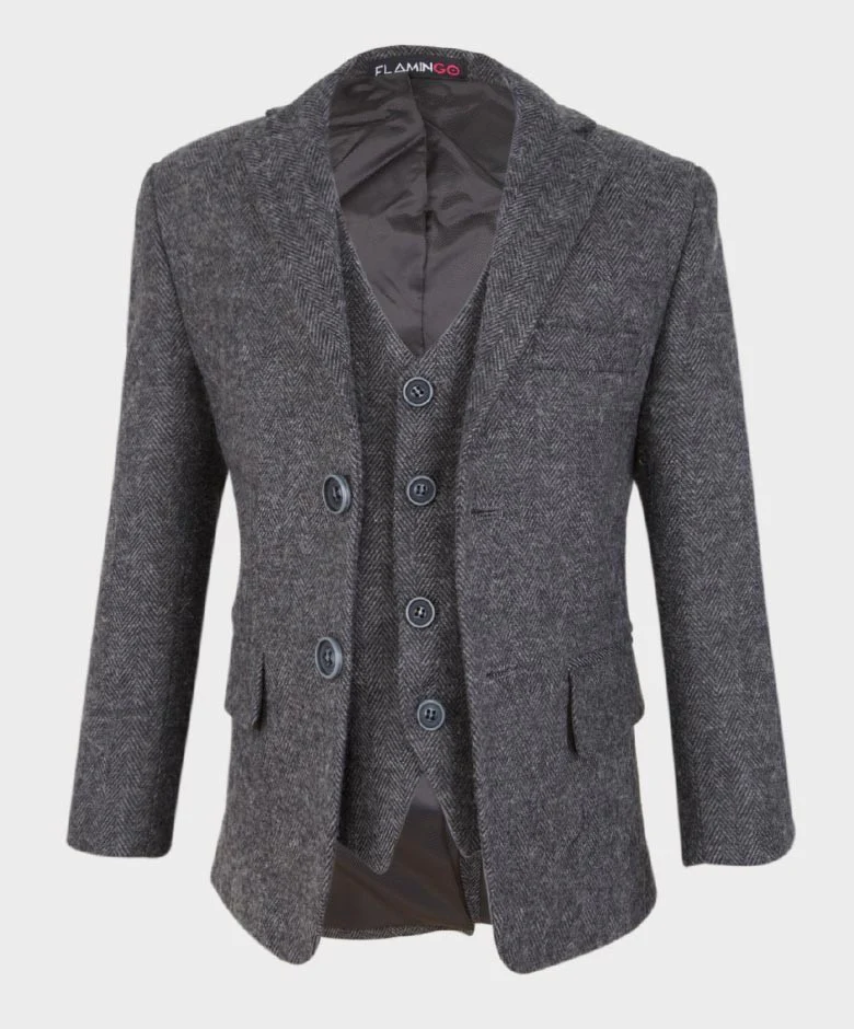 Boys Herringbone Tweed Grey Suit - GEORGE - Dark Grey - Image 4