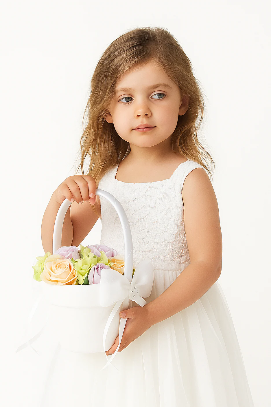 Flower Girl Basket with Bow and Pearl Accents - GBK115 - White