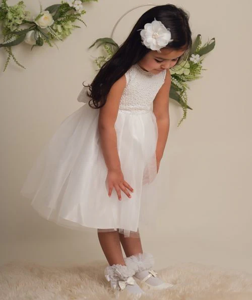 Flower Girl Dress with Lace & Bow - ROSE - Ivory - Image 4