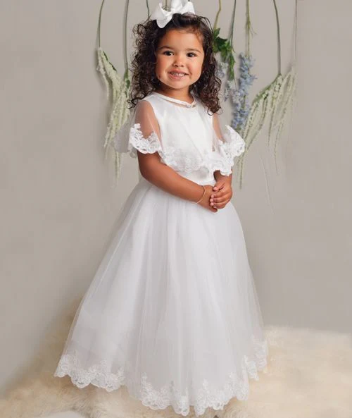 Flower Girl Long Dress with a Tulle Cape – CLAIRE - White - Image 4