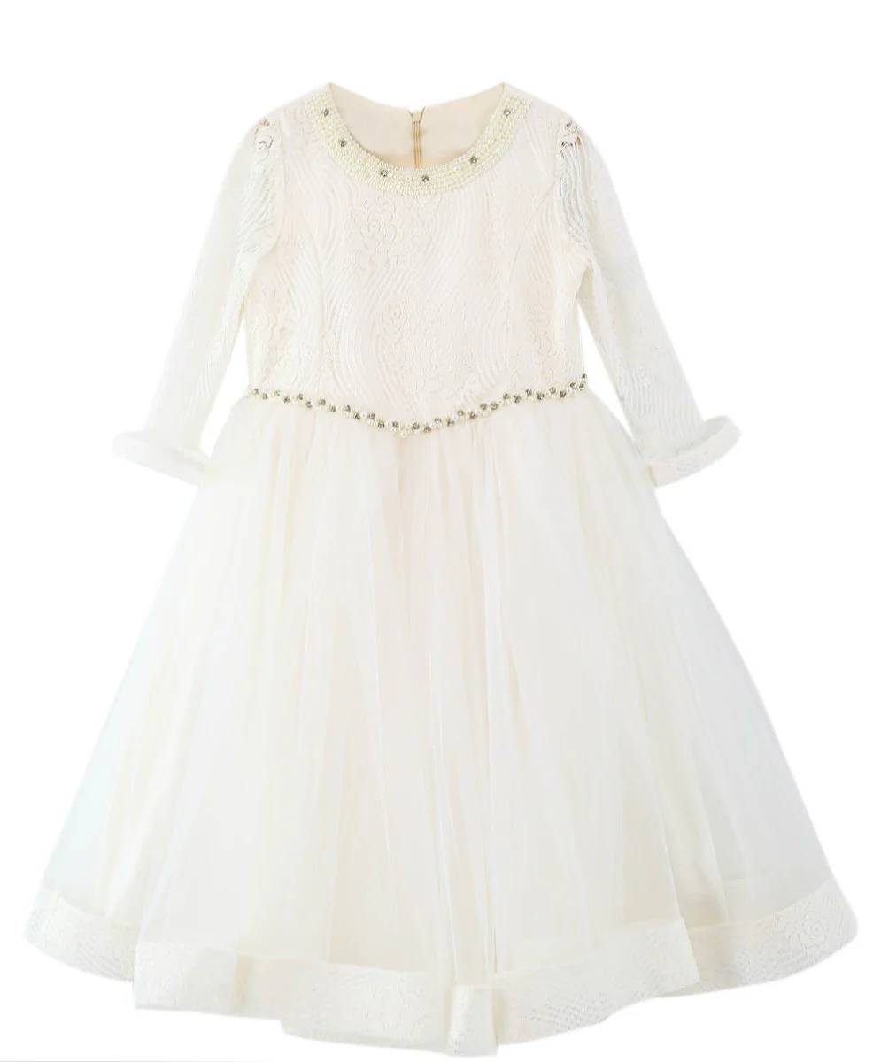 Flower Girls Lace Embroidered White Dress Set - Ecru - Image 3