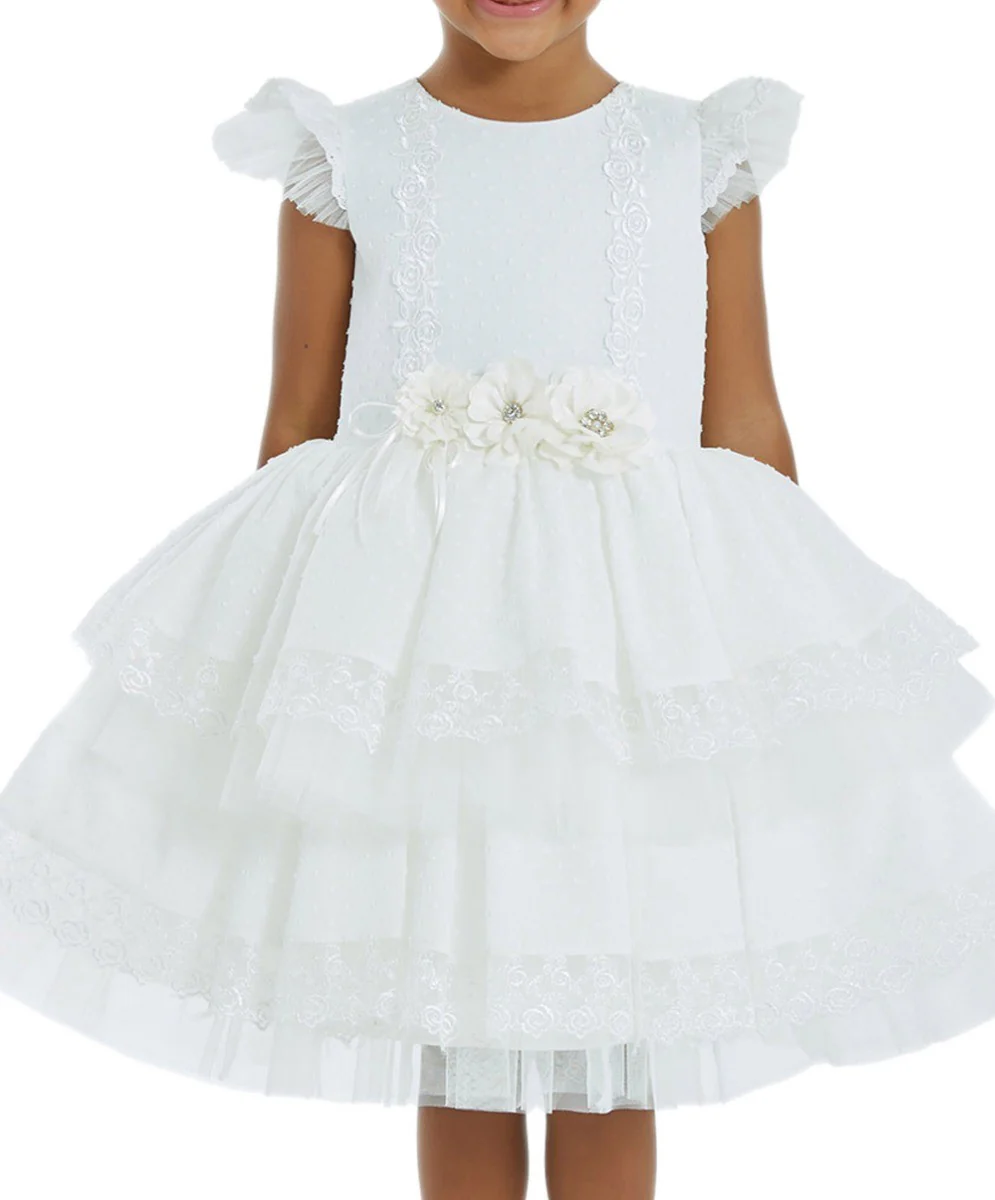 Girls Ruffles Embroidered short Sleeve Dress - Ecru - Image 4