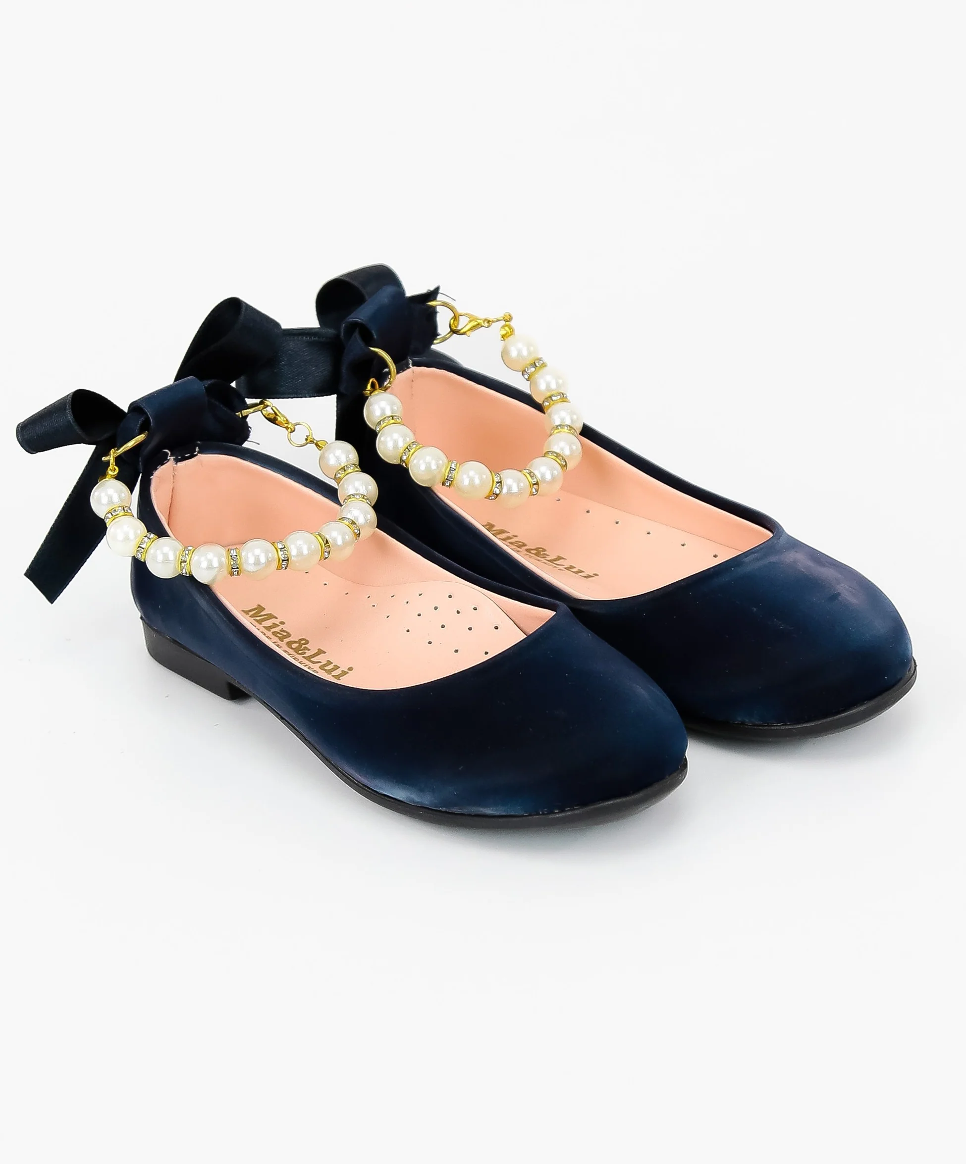Girls Pearls Flat Mary Jane Shoes - ISABEL - Navy Blue - Image 2