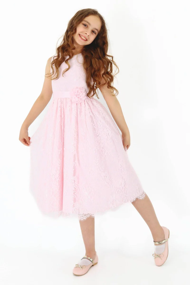 Girls Sleeveless Lace Embroidered Dress - Light Pink - Image 2