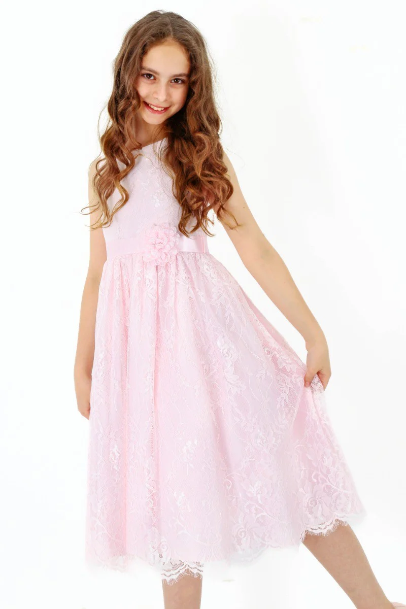 Girls Sleeveless Lace Embroidered Dress - Light Pink - Image 3