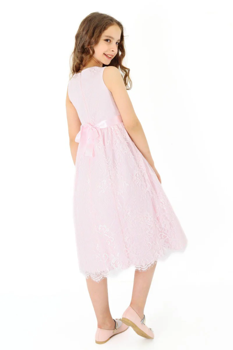 Girls Sleeveless Lace Embroidered Dress - Light Pink - Image 4