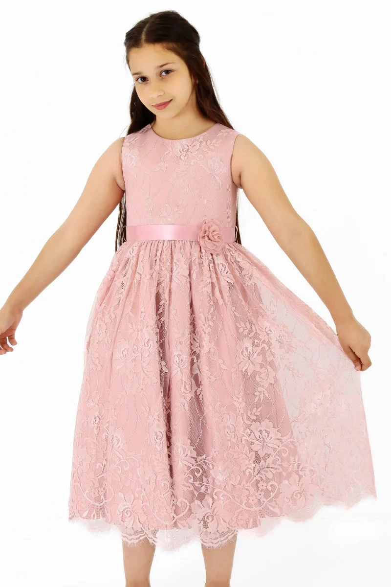 Girls Sleeveless Lace Embroidered Dress - Powder Pink - Image 2