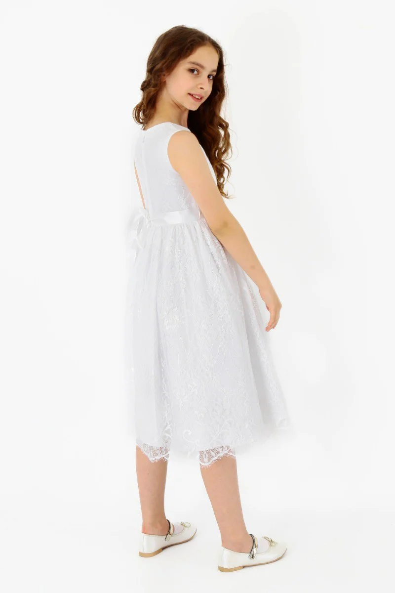 Girls Sleeveless Lace Embroidered Dress - White - Image 2