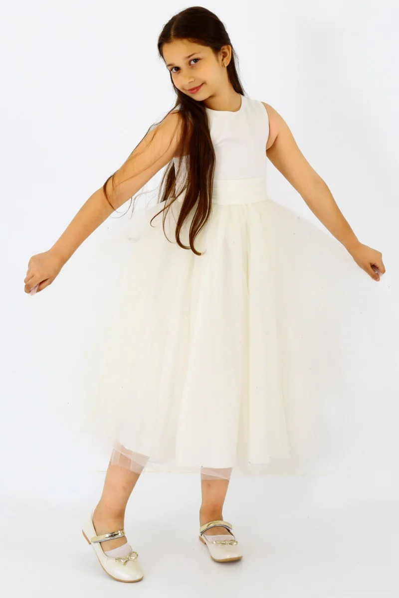 Flower Girls Sleeveless Tulle Communion Dress - Ivory - Image 2