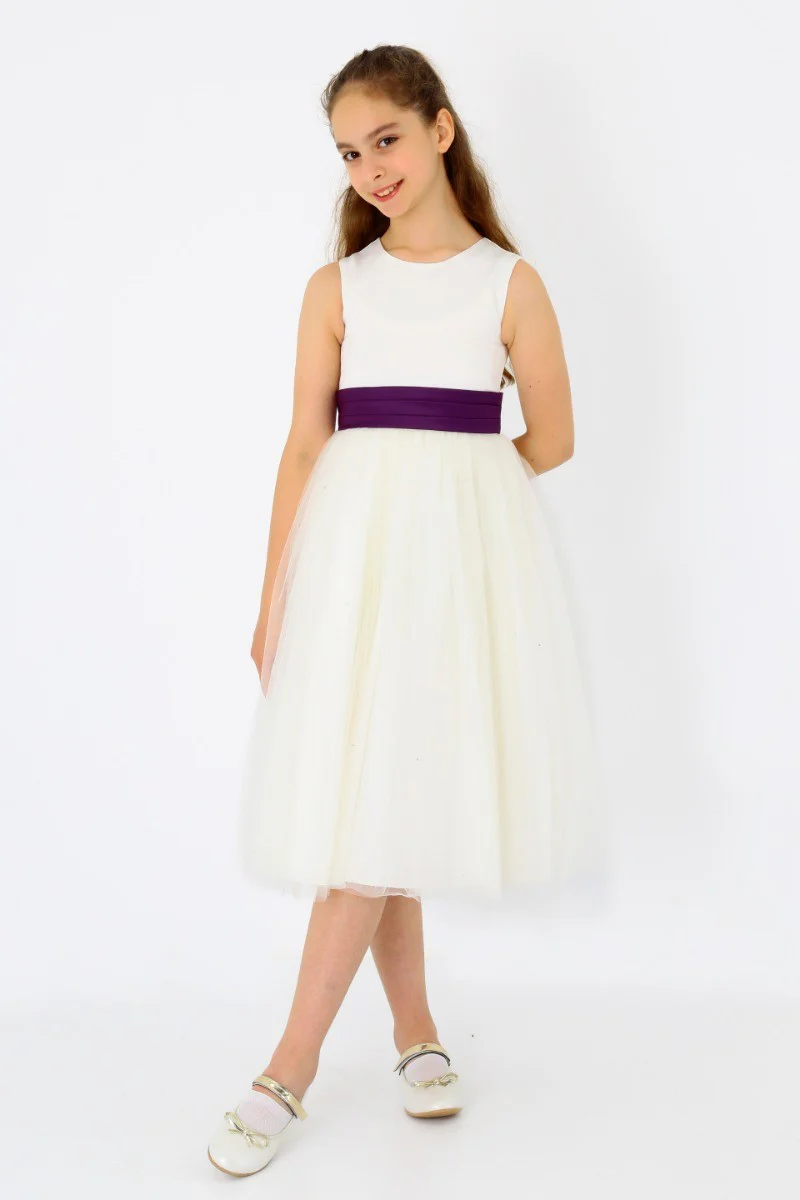 Flower Girls Sleeveless Tulle Communion Dress - White - Purple - Image 2