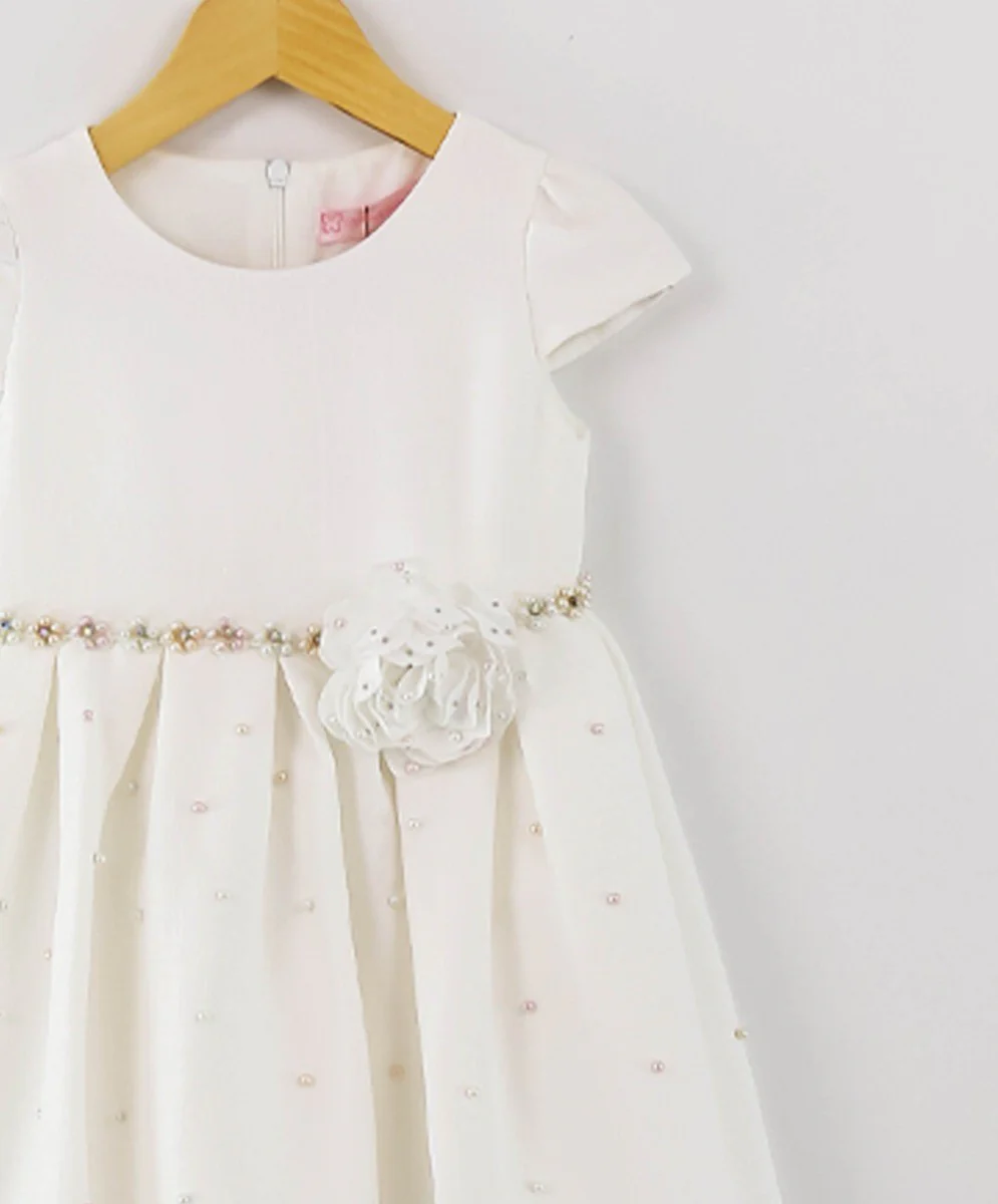 Girl Communion Short Sleeves Pearl Dress Set - Ecru - Image 3