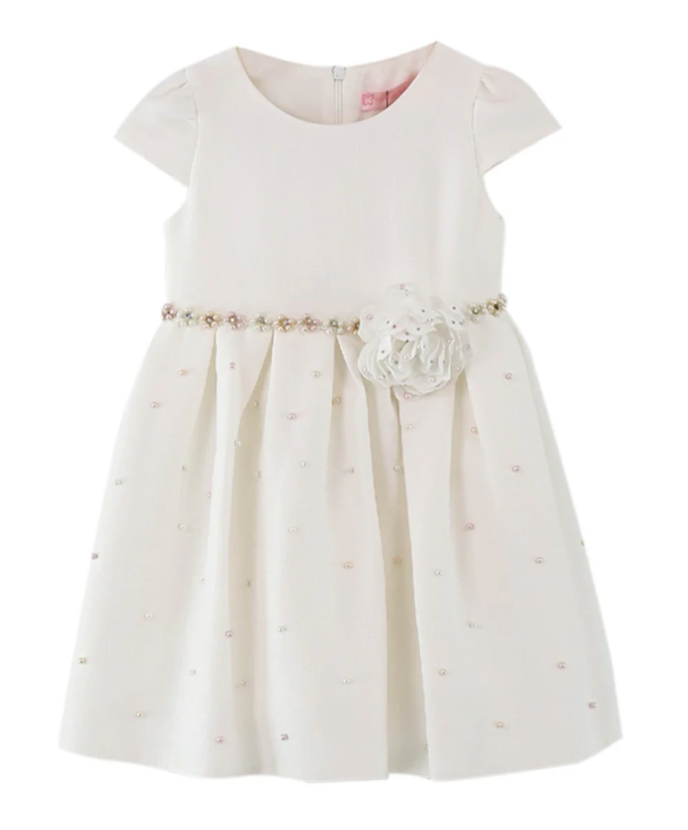 Girl Communion Short Sleeves Pearl Dress Set - Ecru - Image 4