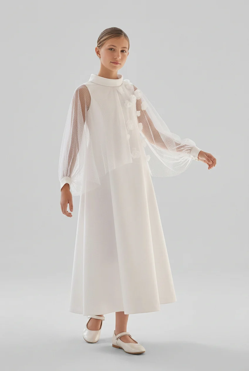 Girls 2-Piece Long Occasion Dress with Tulle Overlay - Ecru - Image 2