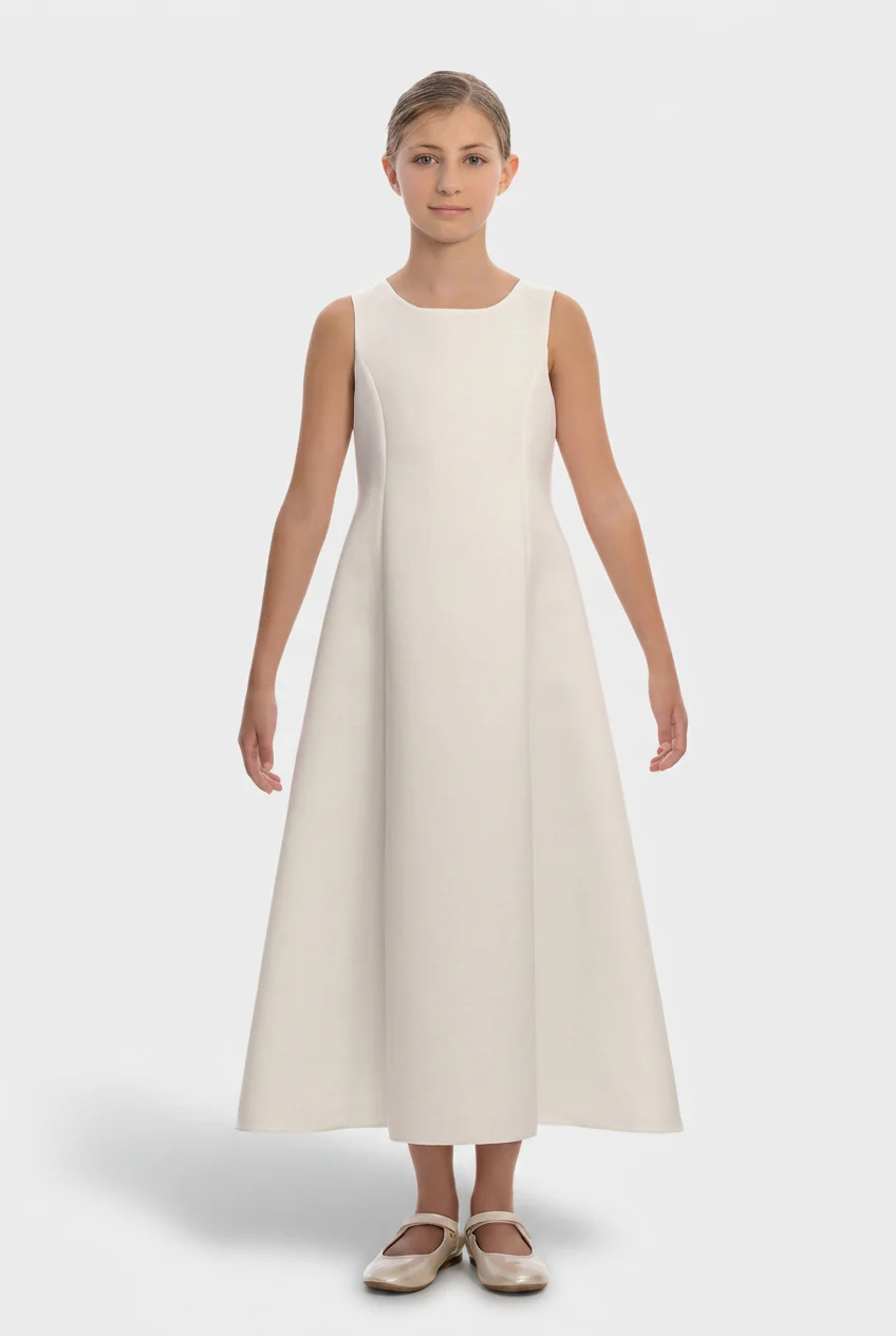 Girls 2-Piece Long Occasion Dress with Tulle Overlay - Ecru - Image 3