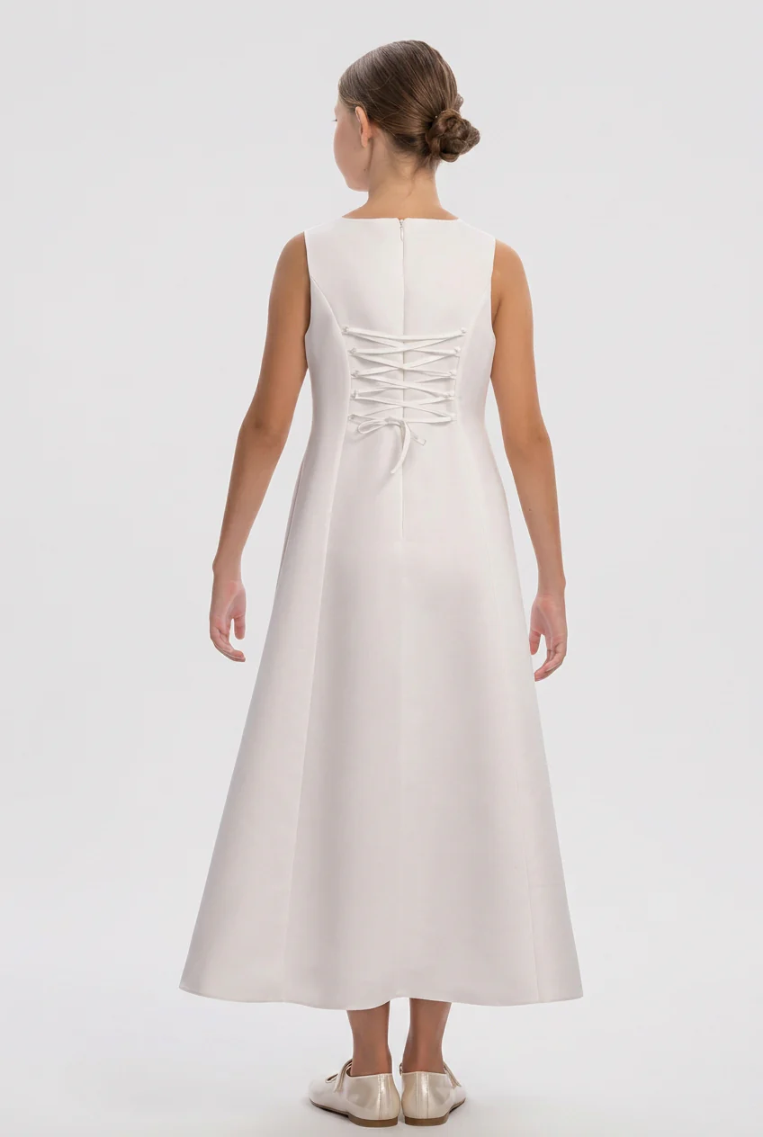 Girls 2-Piece Long Occasion Dress with Tulle Overlay - Ecru - Image 4