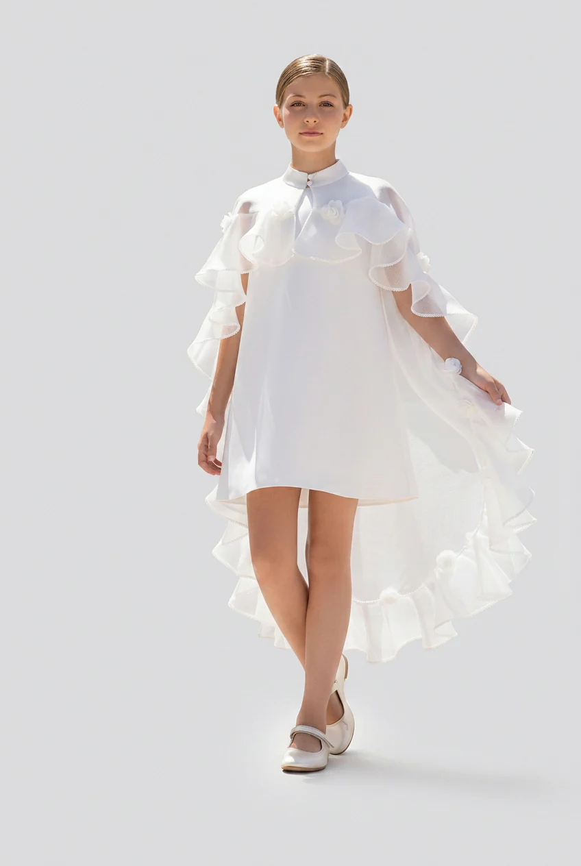 Girls 2-Piece Occasion Dress with Chiffon Ruffle Cape - Ecru - Image 3