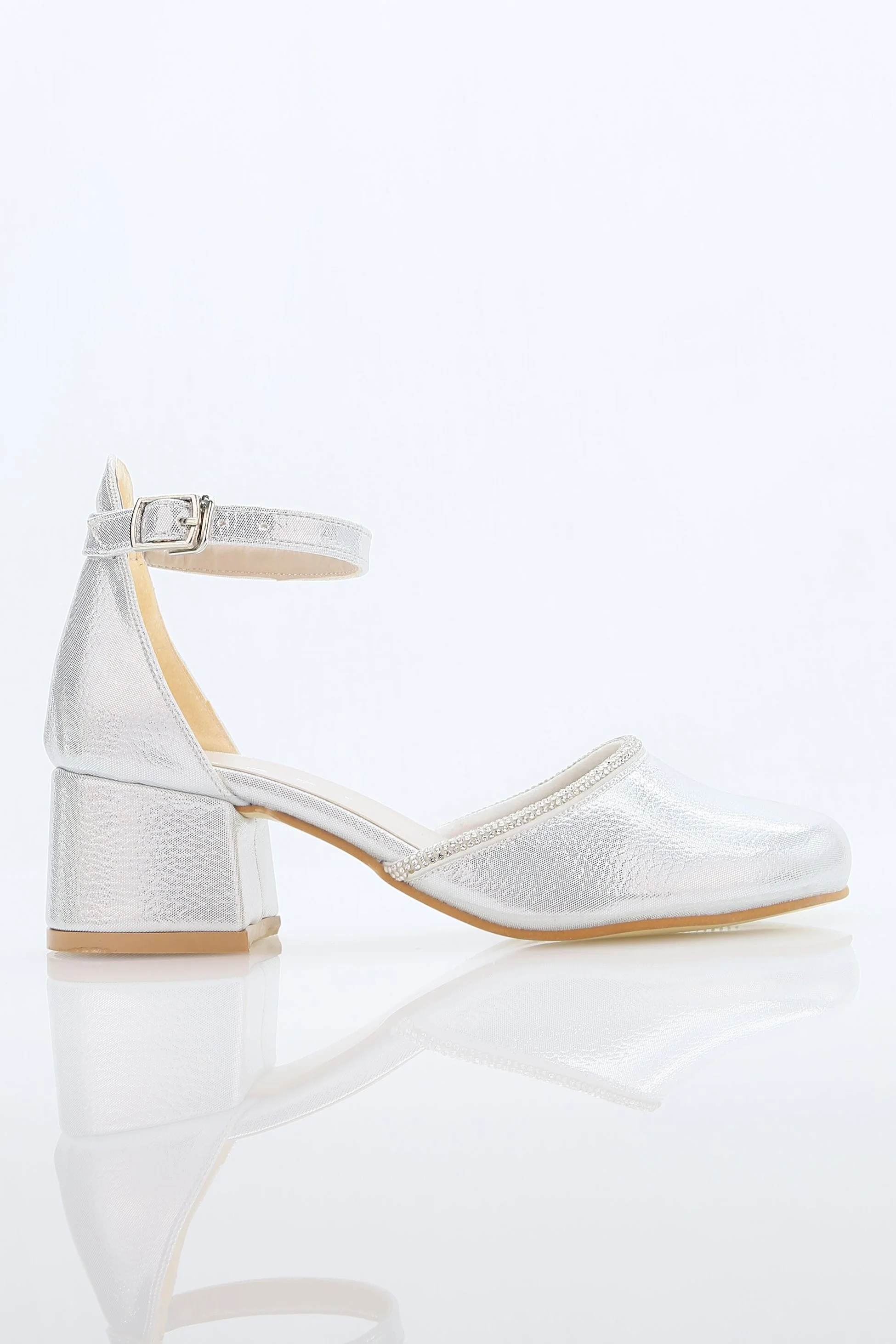 Girls' Ankle Strap Textured Block Heel Shoes – JEWEL - Silver - Image 2