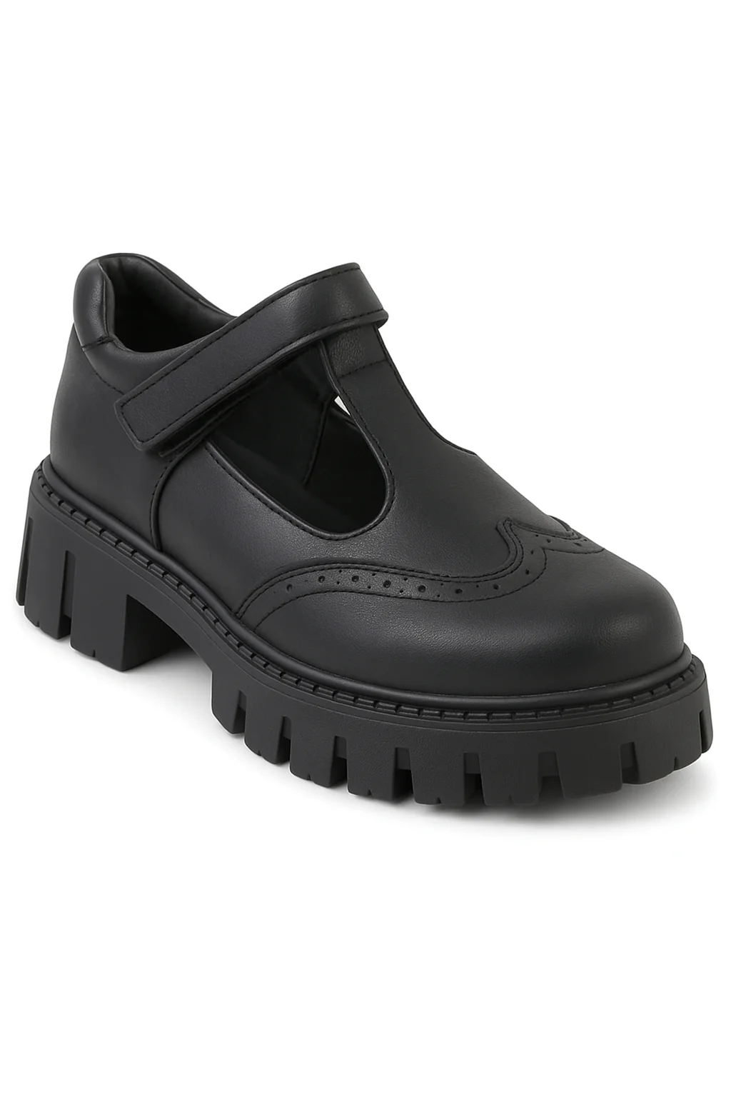 Girls Black Brogue Mary Jane Platform School Shoes - Mat Black