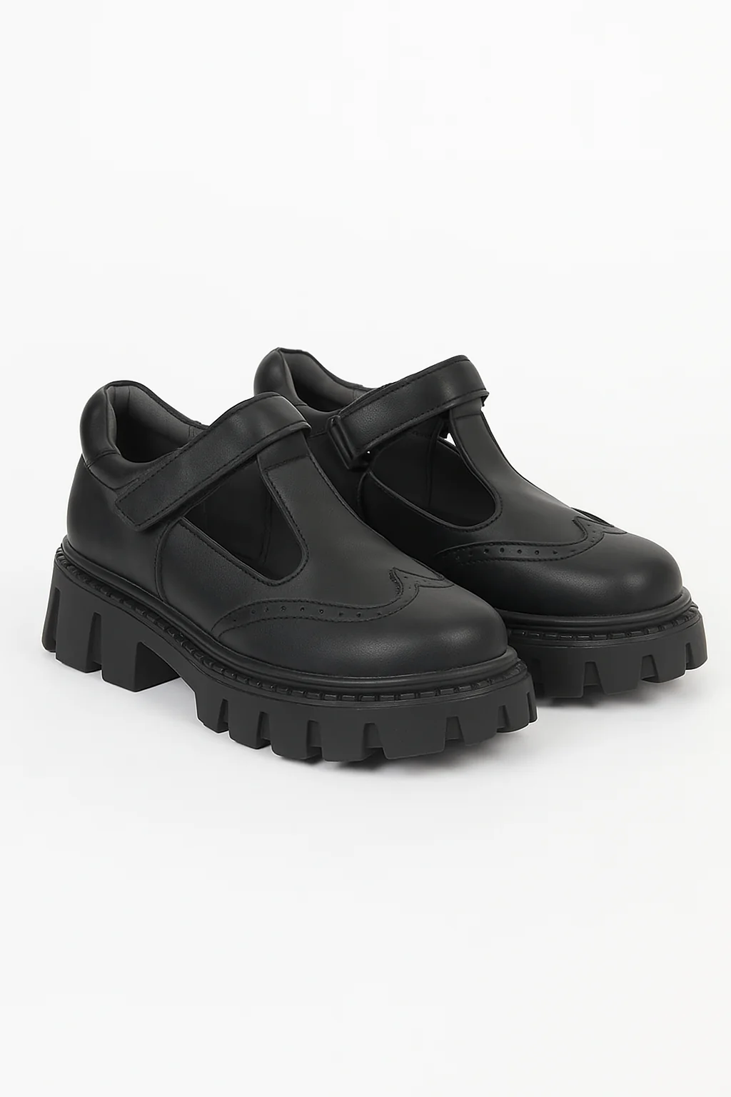 Girls Black Brogue Mary Jane Platform School Shoes - Mat Black - Image 3